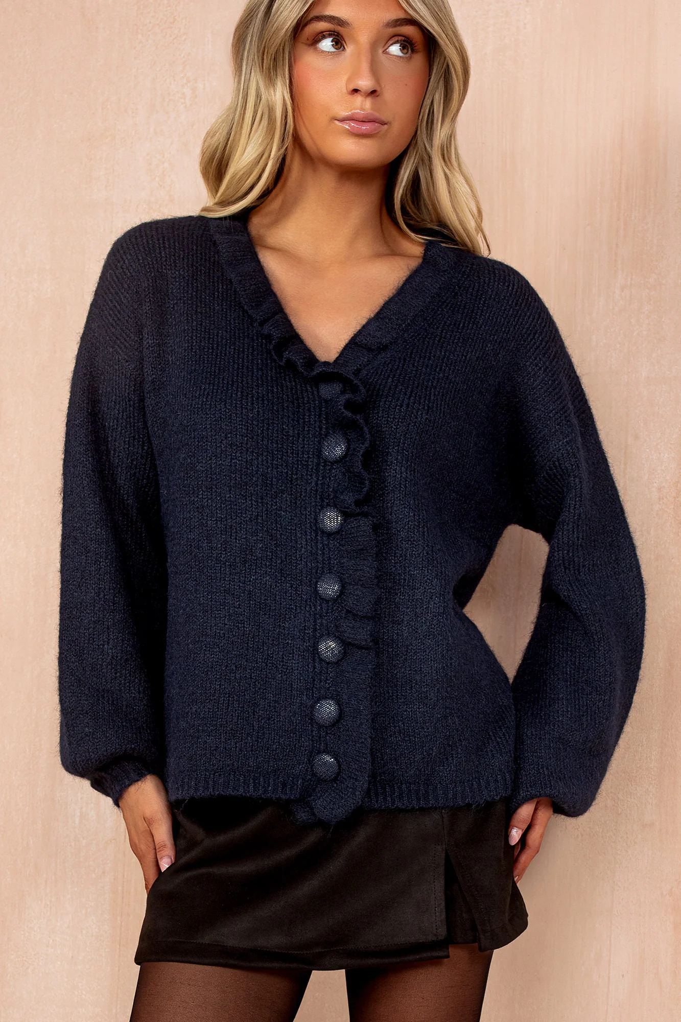 Mahira Navy Knit Frill Cardigan - Weharma