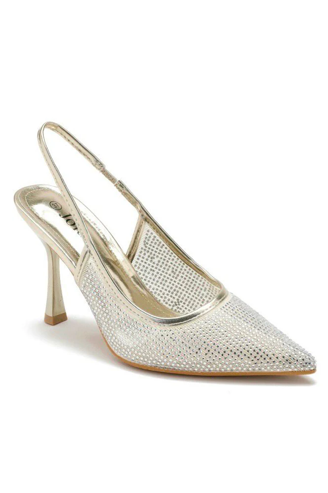 Lacy Gold Diamante Slingback Heels - Weharma