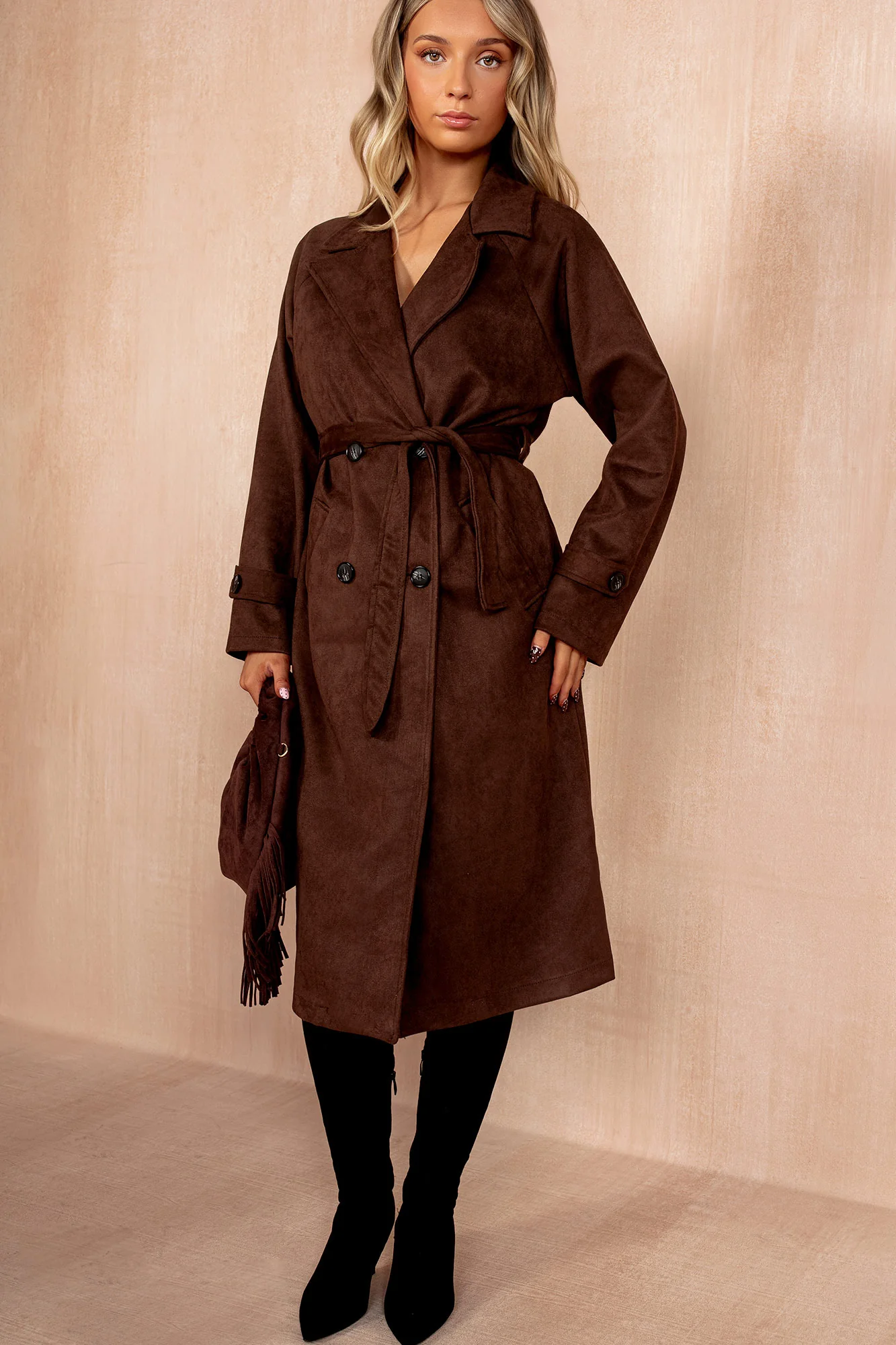 Carter Chocolate Faux Suede Trench Coat - Weharma