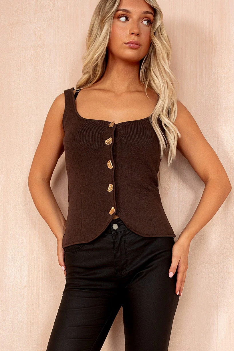 Belen Chocolate Knit Button Front Top - Weharma