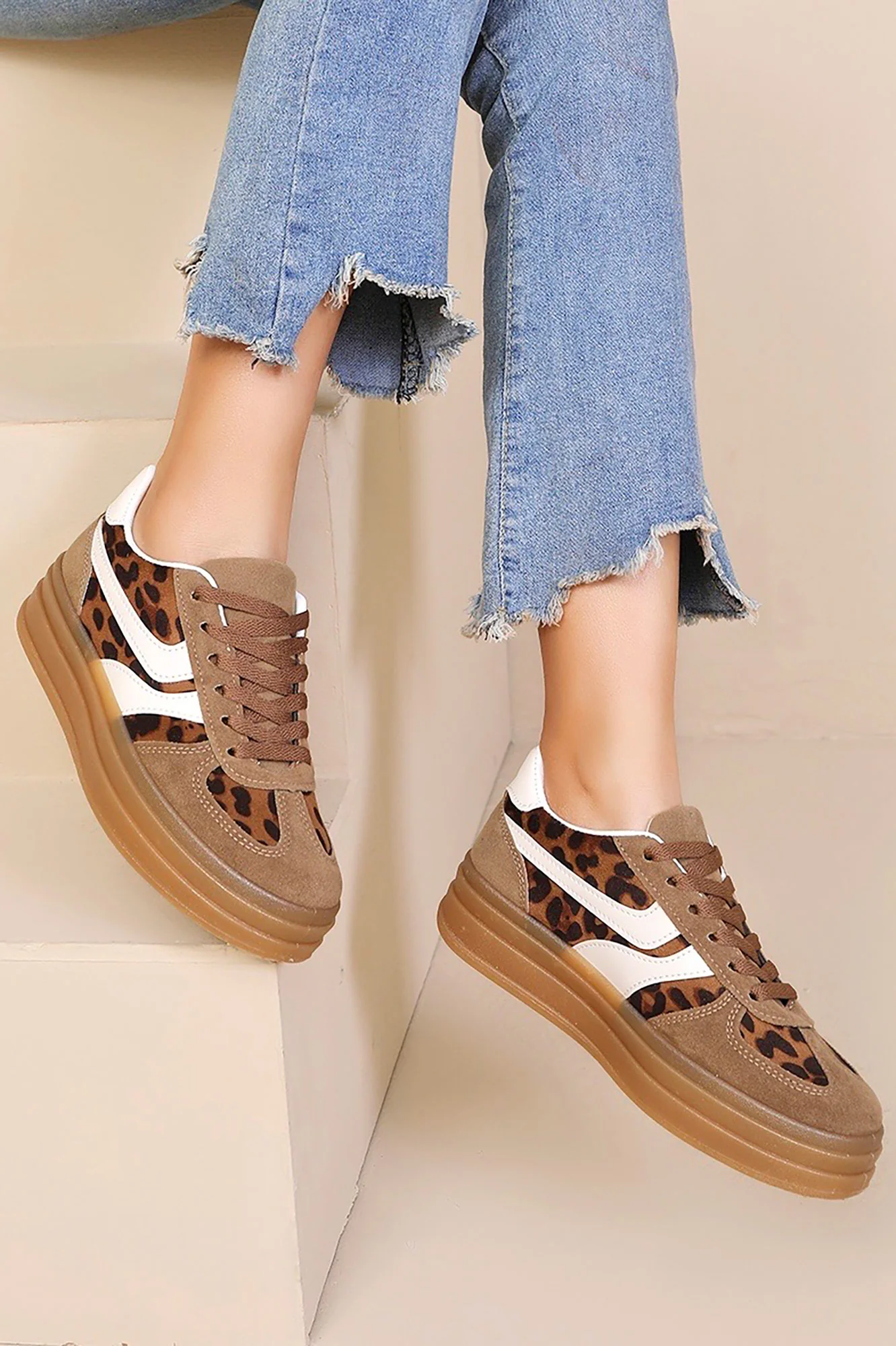 Wren Leopard Suedette Platform Trainers - Weharma