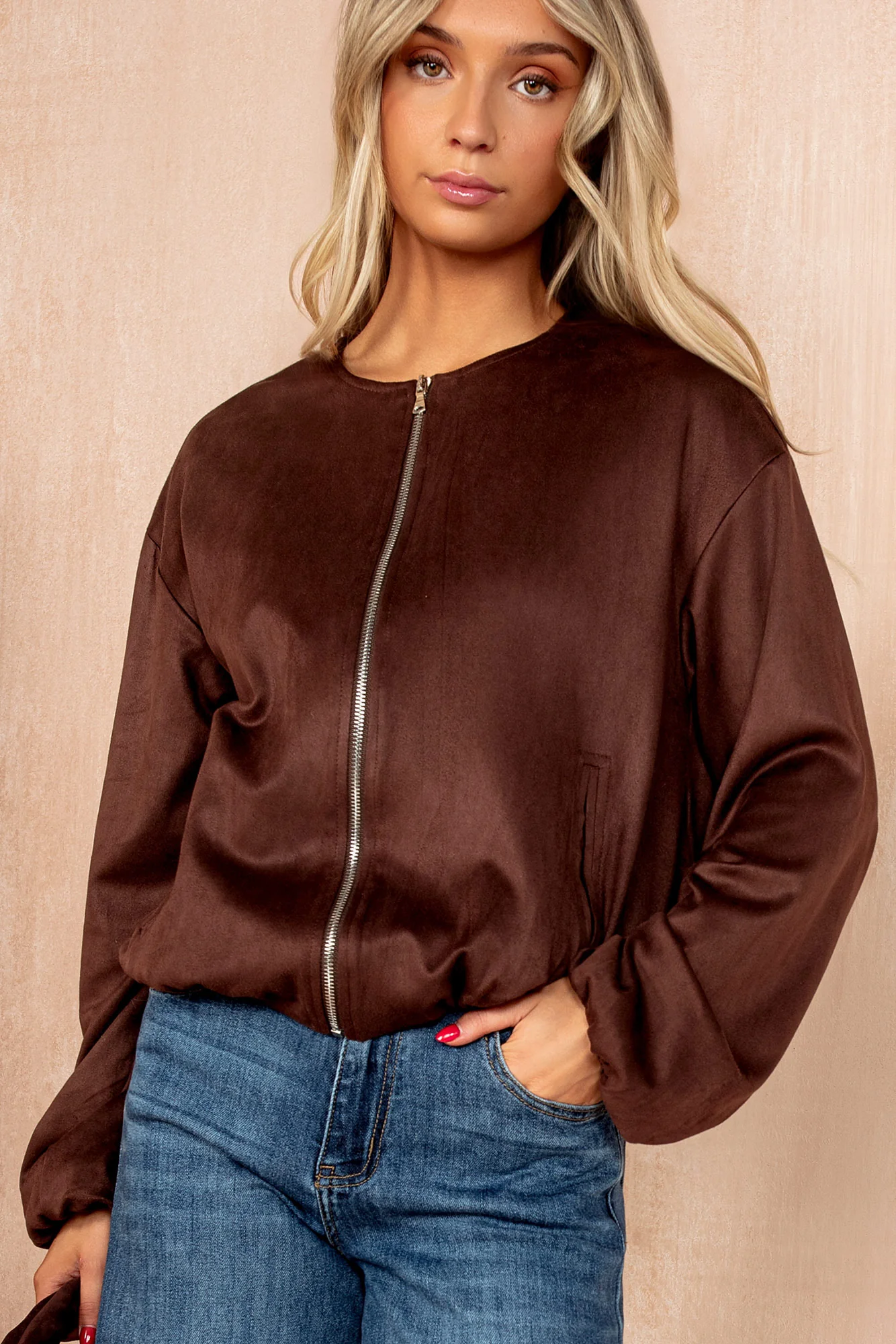 Janet Chocolate Faux Suede Bomber Jacket - Weharma