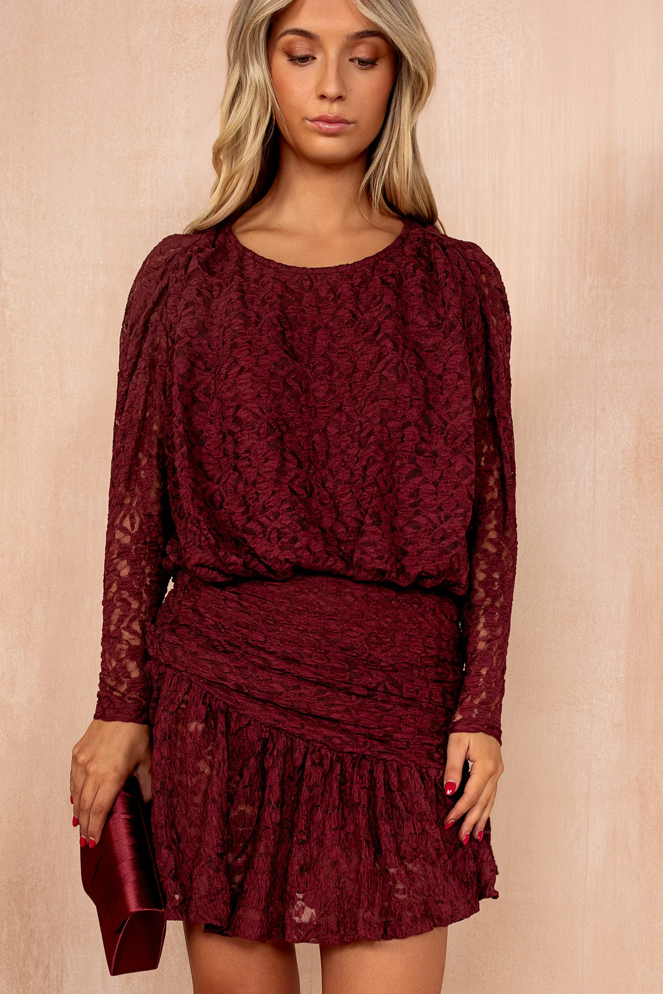 Fernanda Burgundy Lace Frill Dress - Weharma