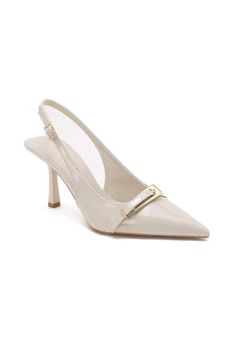 Quill Cream Patent Buckle Slingback Heels - Weharma