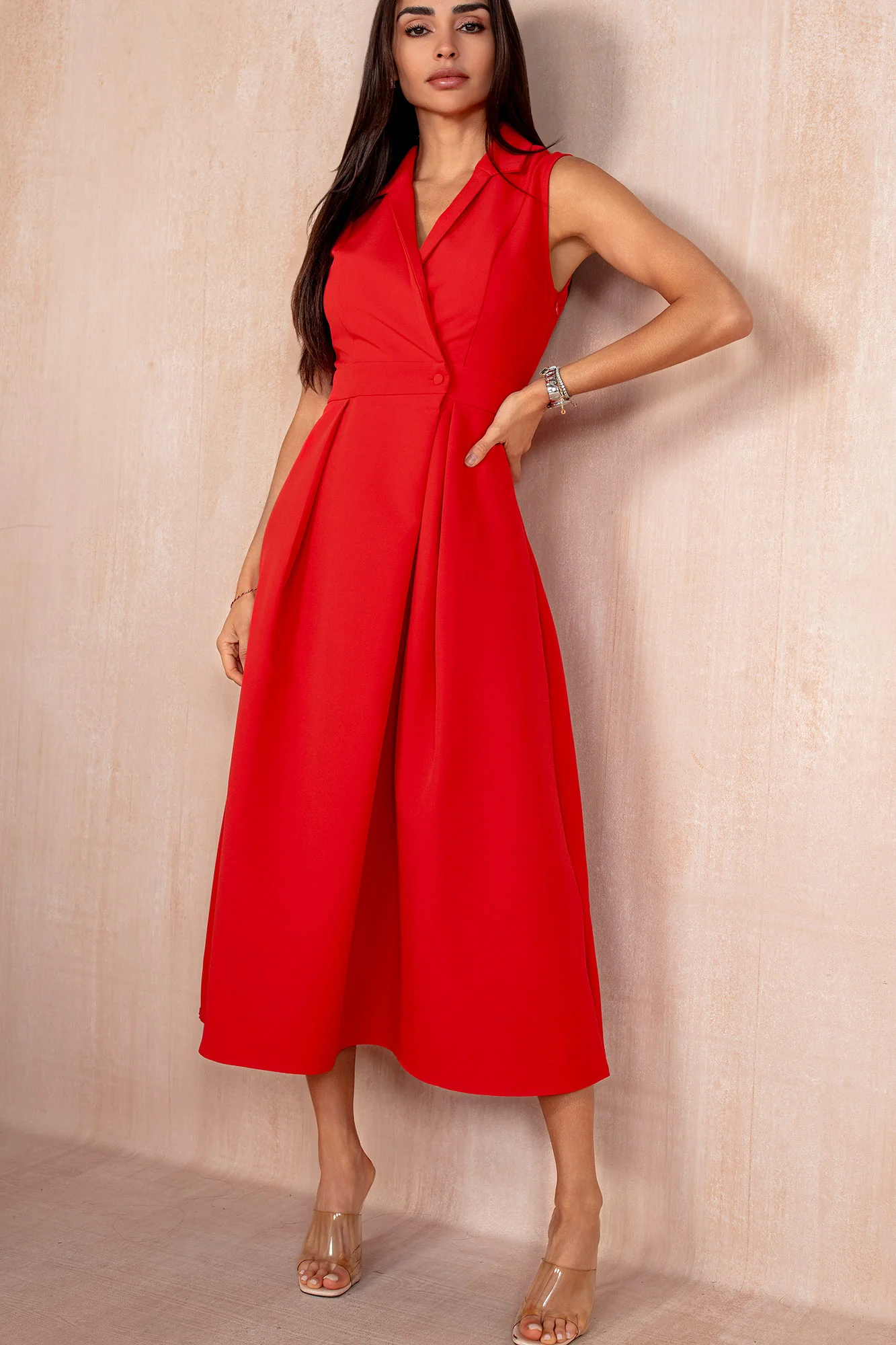 Cameron Red Collared Tailored Maxi Dress - Weharma