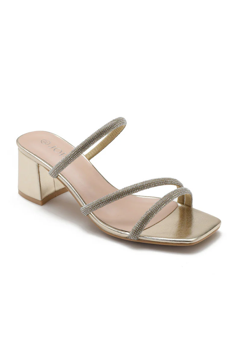 Kara Gold Diamante Block Heeled Mules - Weharma