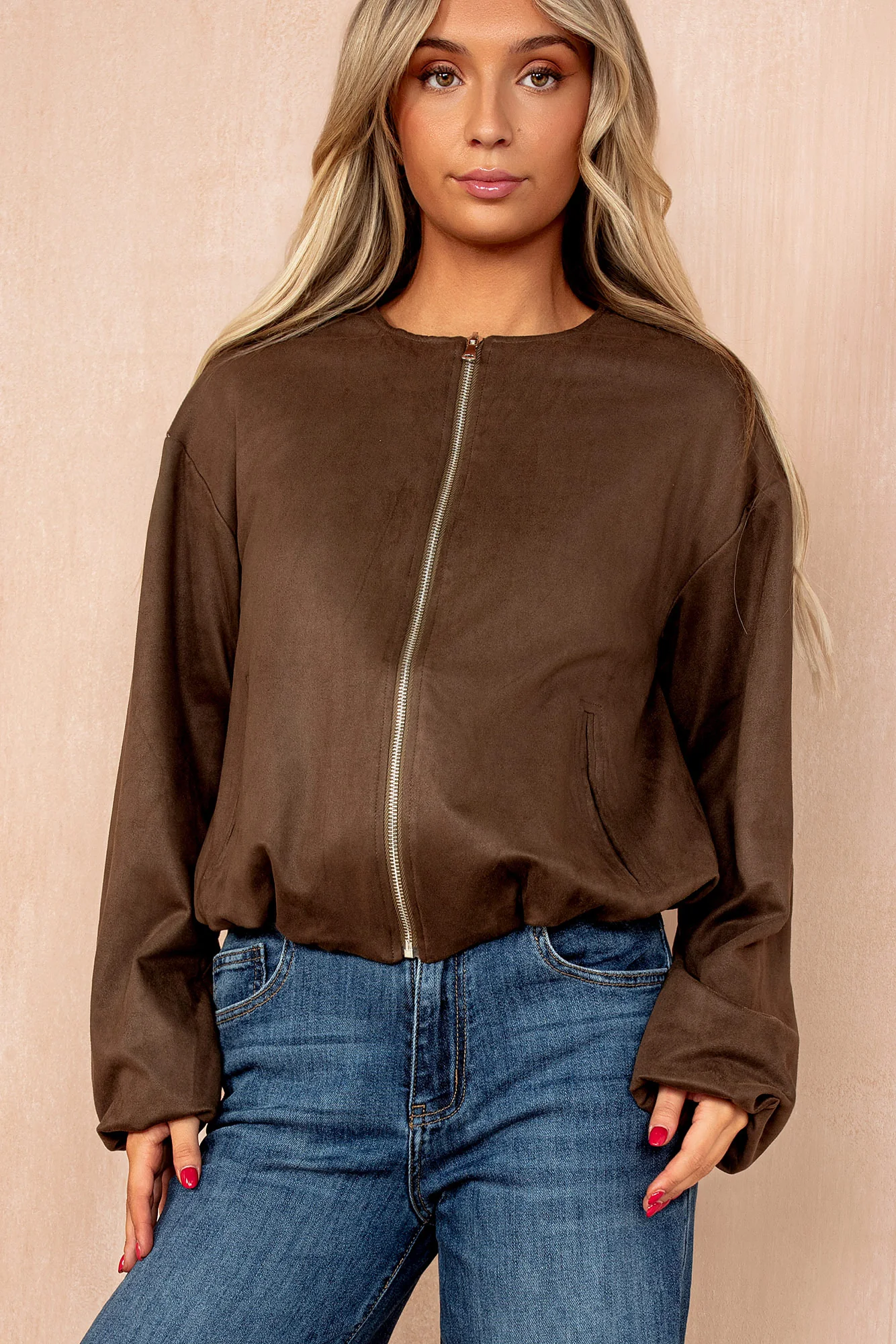Janet Khaki Faux Suede Bomber Jacket - Weharma