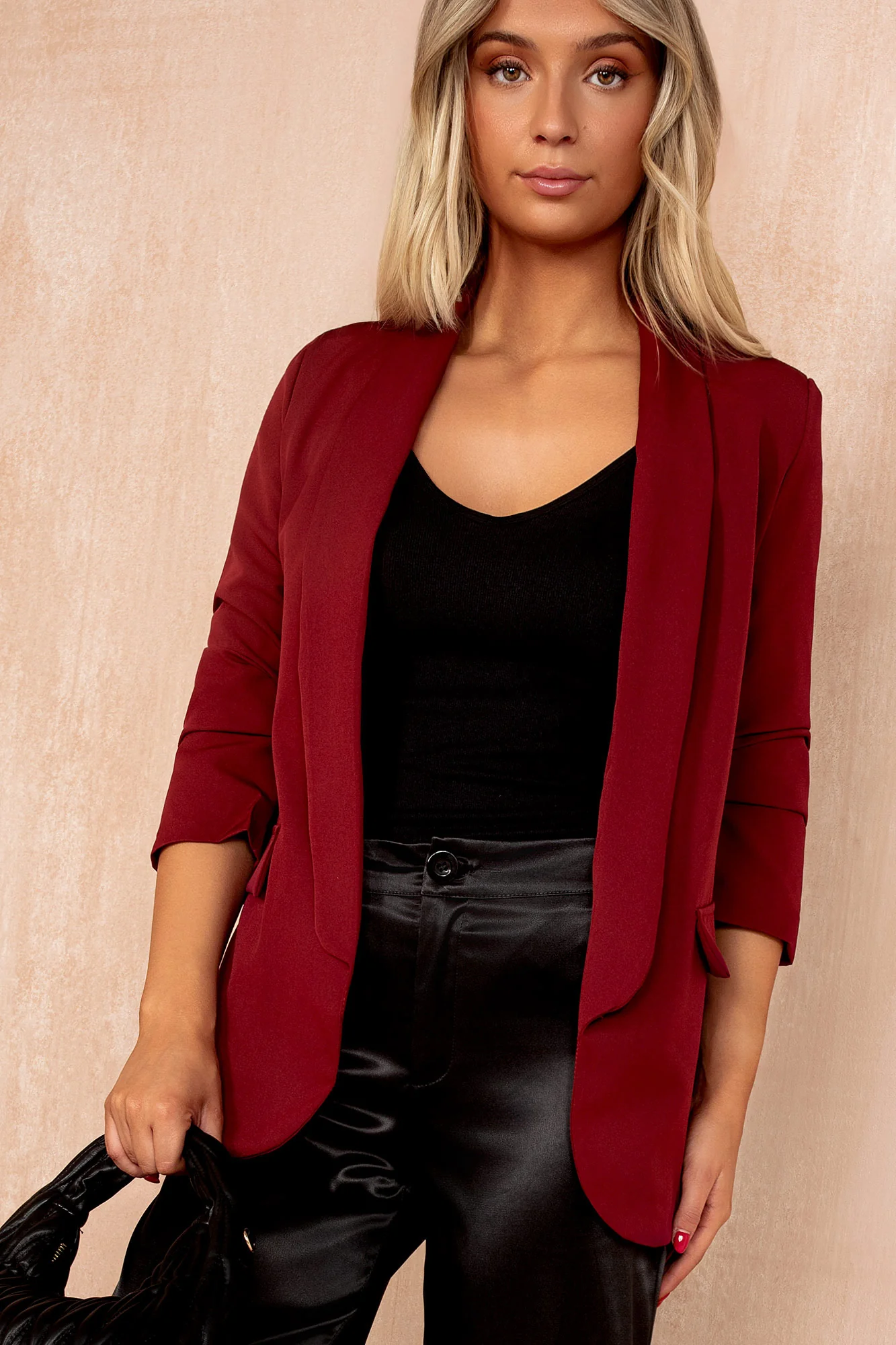 Maxine Burgundy Ruched Sleeve Blazer - Weharma