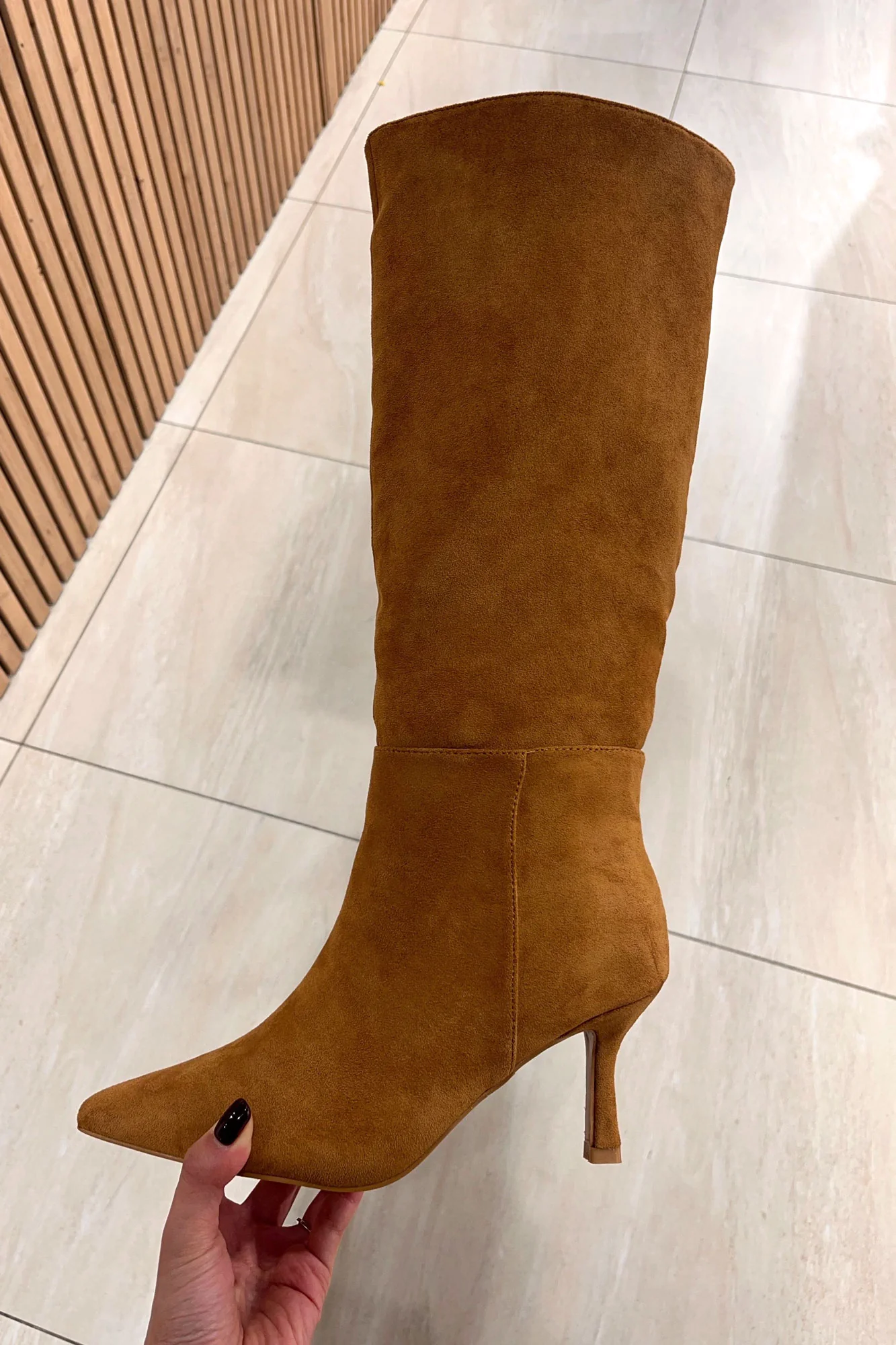 Faye Camel Suedette Knee High Boots - Weharma