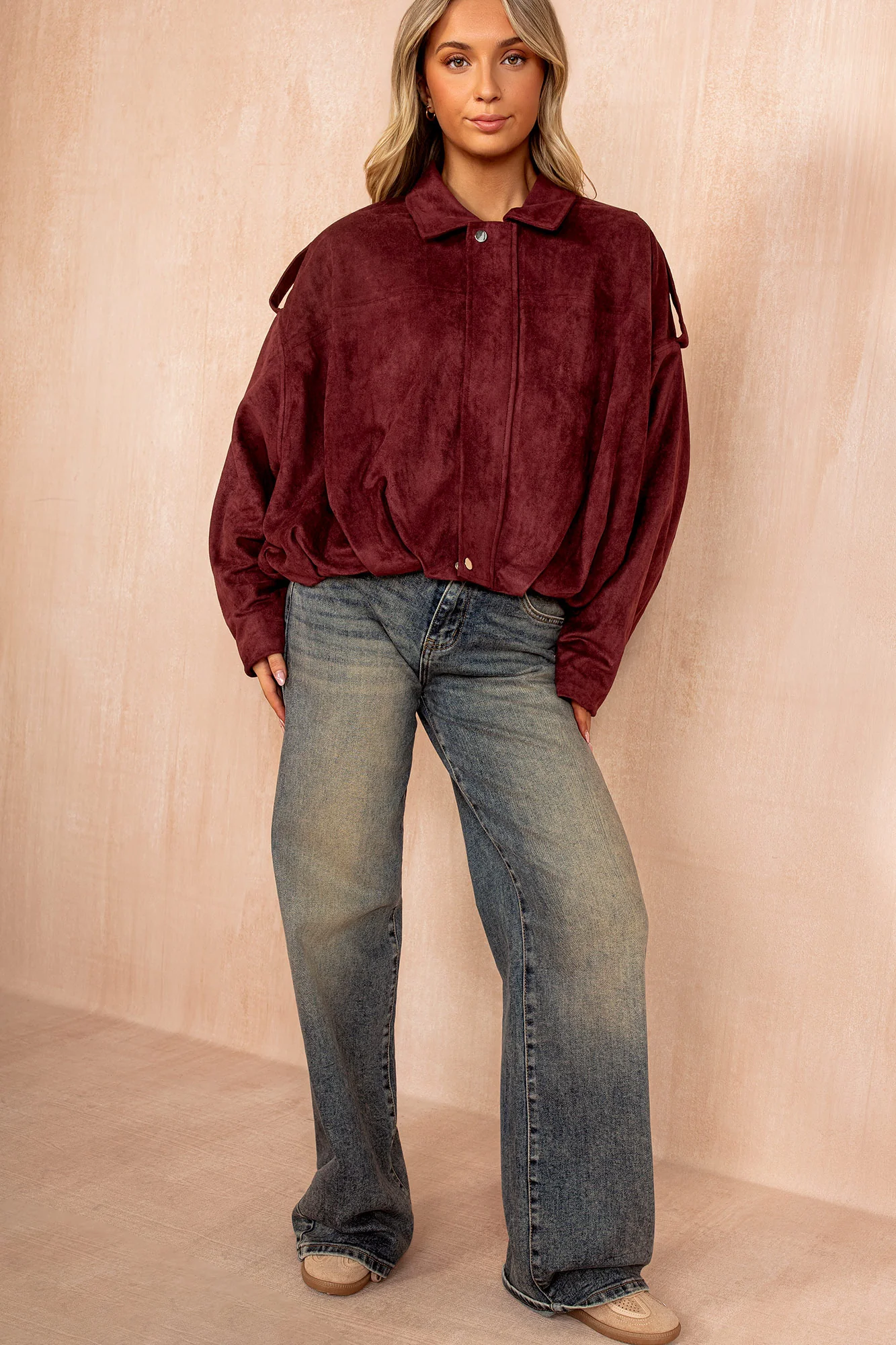 Elma Burgundy Faux Suede Bomber Jacket - Weharma