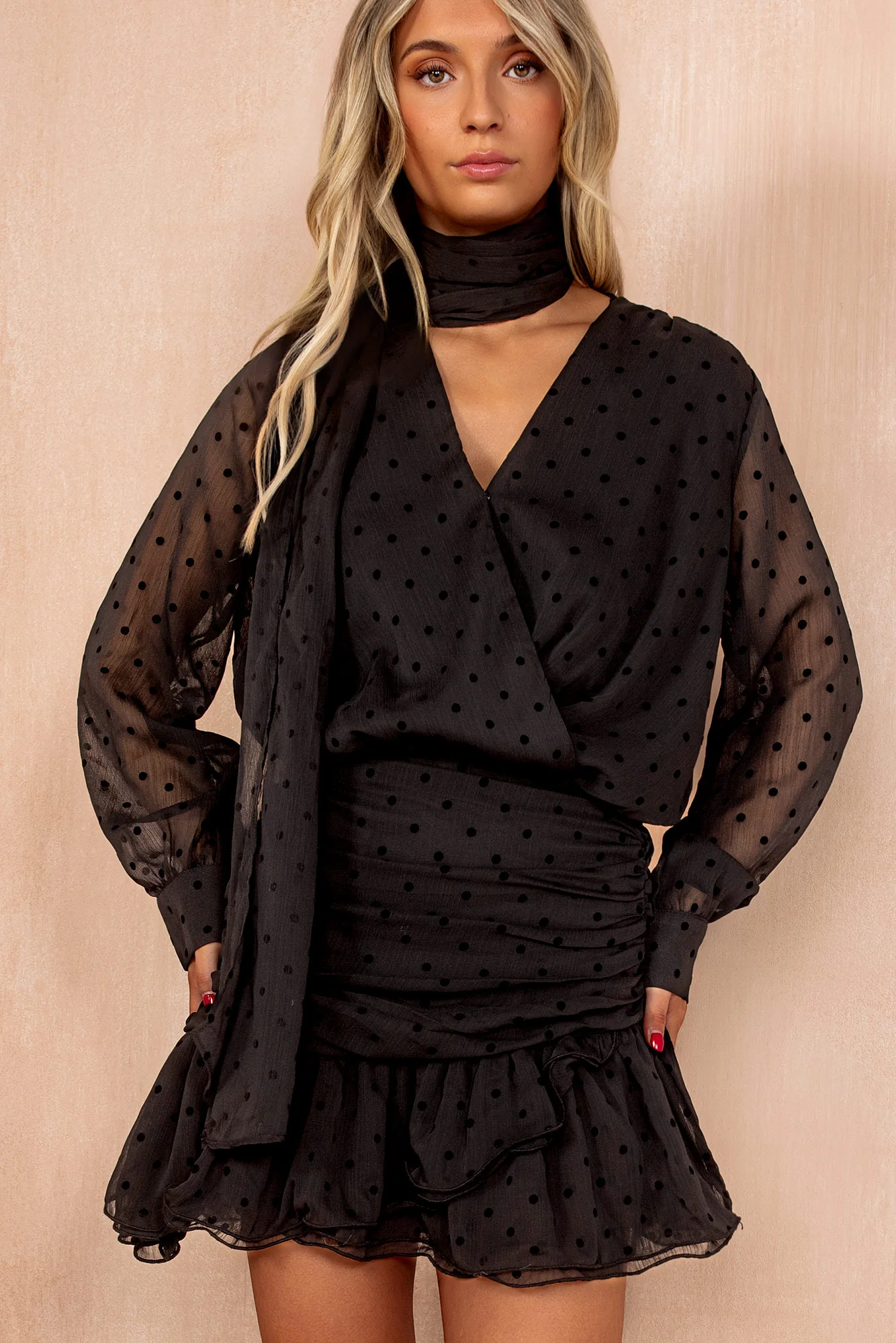 Petrina Black Scarf Detail Spot Frill Dress - Weharma