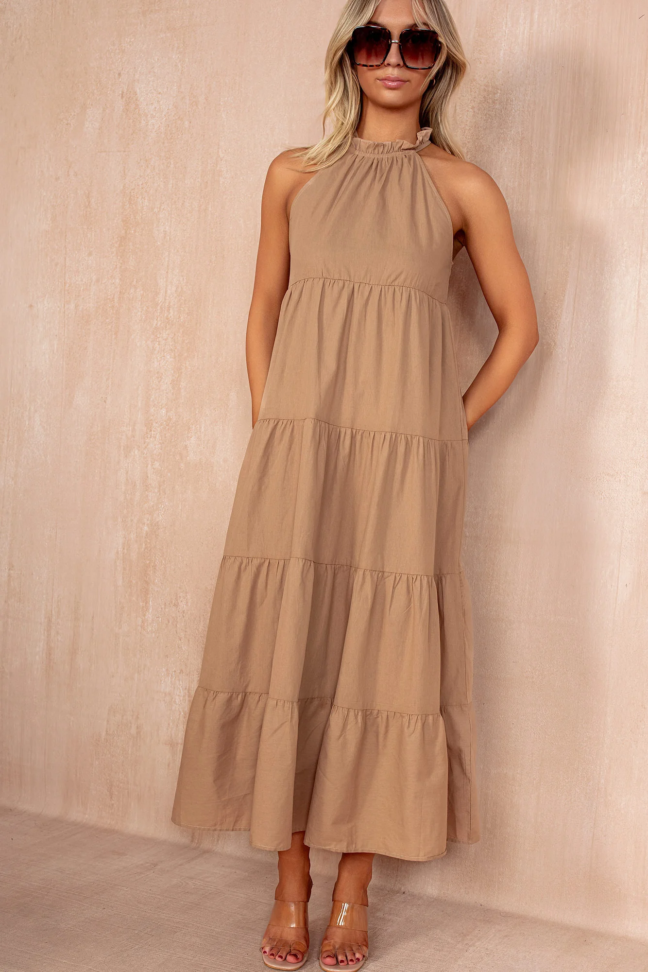 Emberly Camel Cotton Tiered Maxi Dress - Weharma