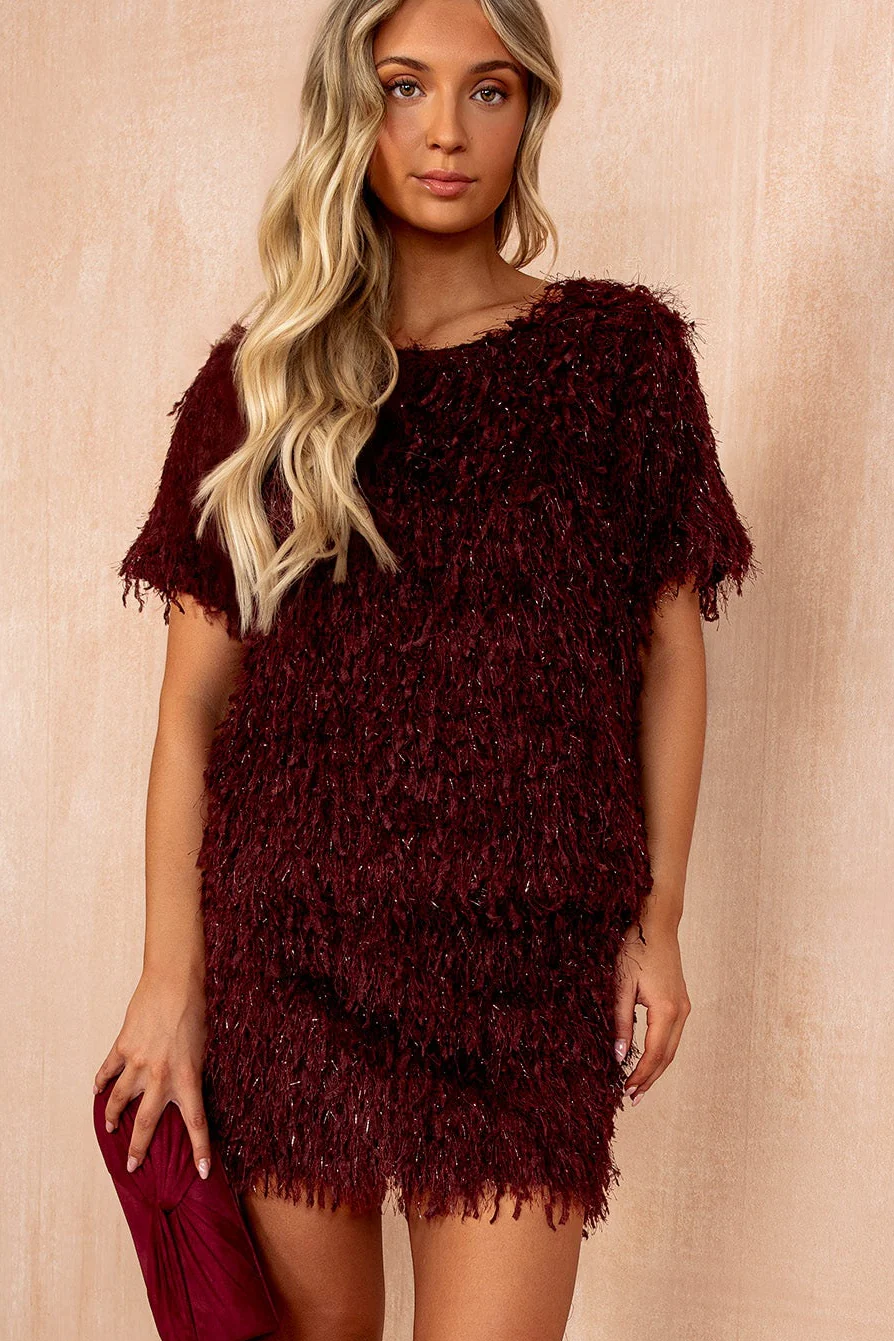 Jade Burgundy Faux Feather Sparkle Top - Weharma