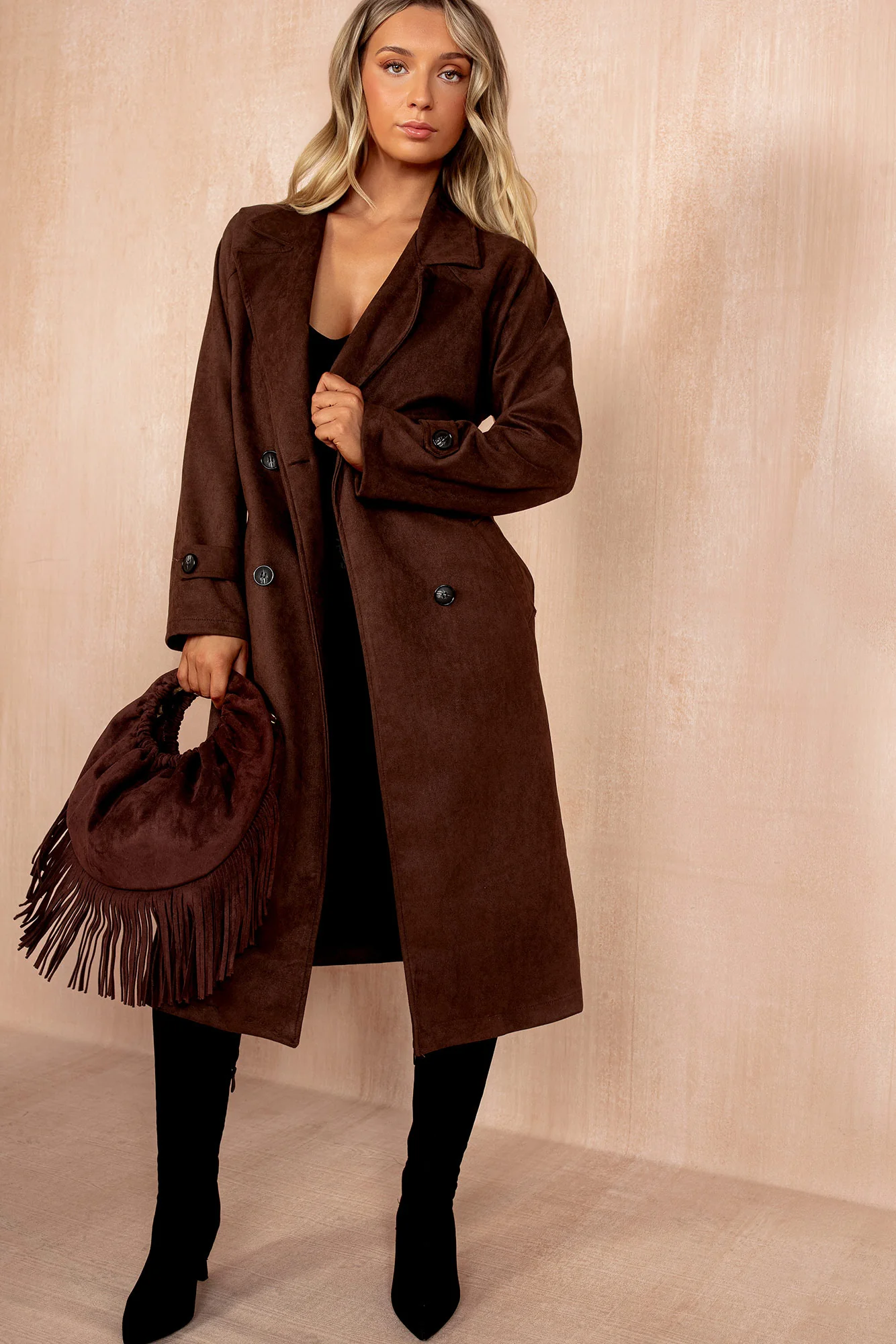 Carter Chocolate Faux Suede Trench Coat - Weharma
