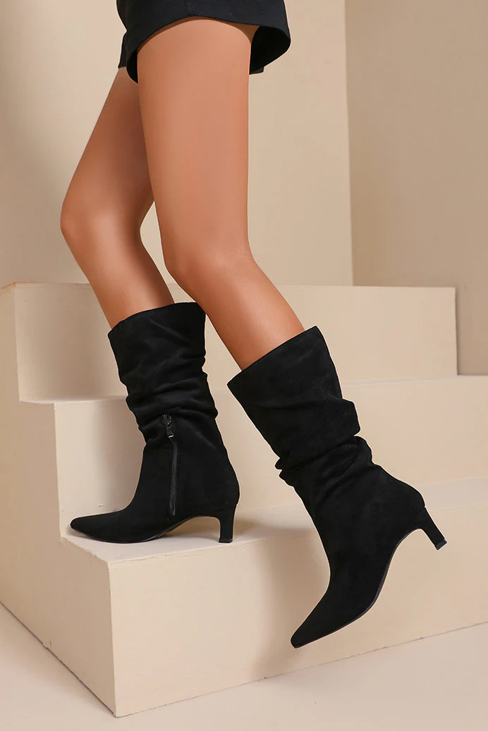 Nova Black Faux Suede Heeled Boots - Weharma