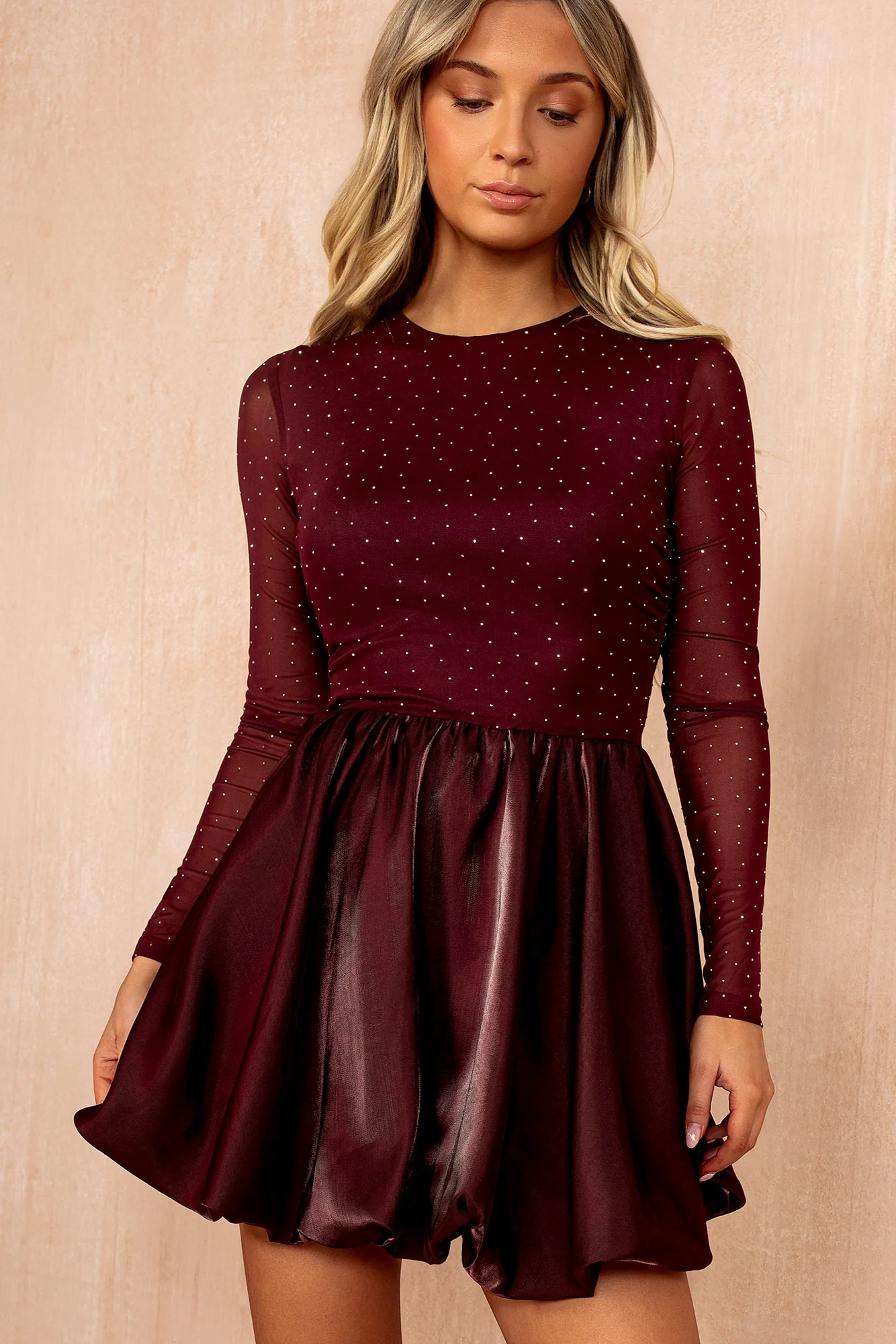 Reign Plum Mesh Diamante Bubble Hem Dress - Weharma