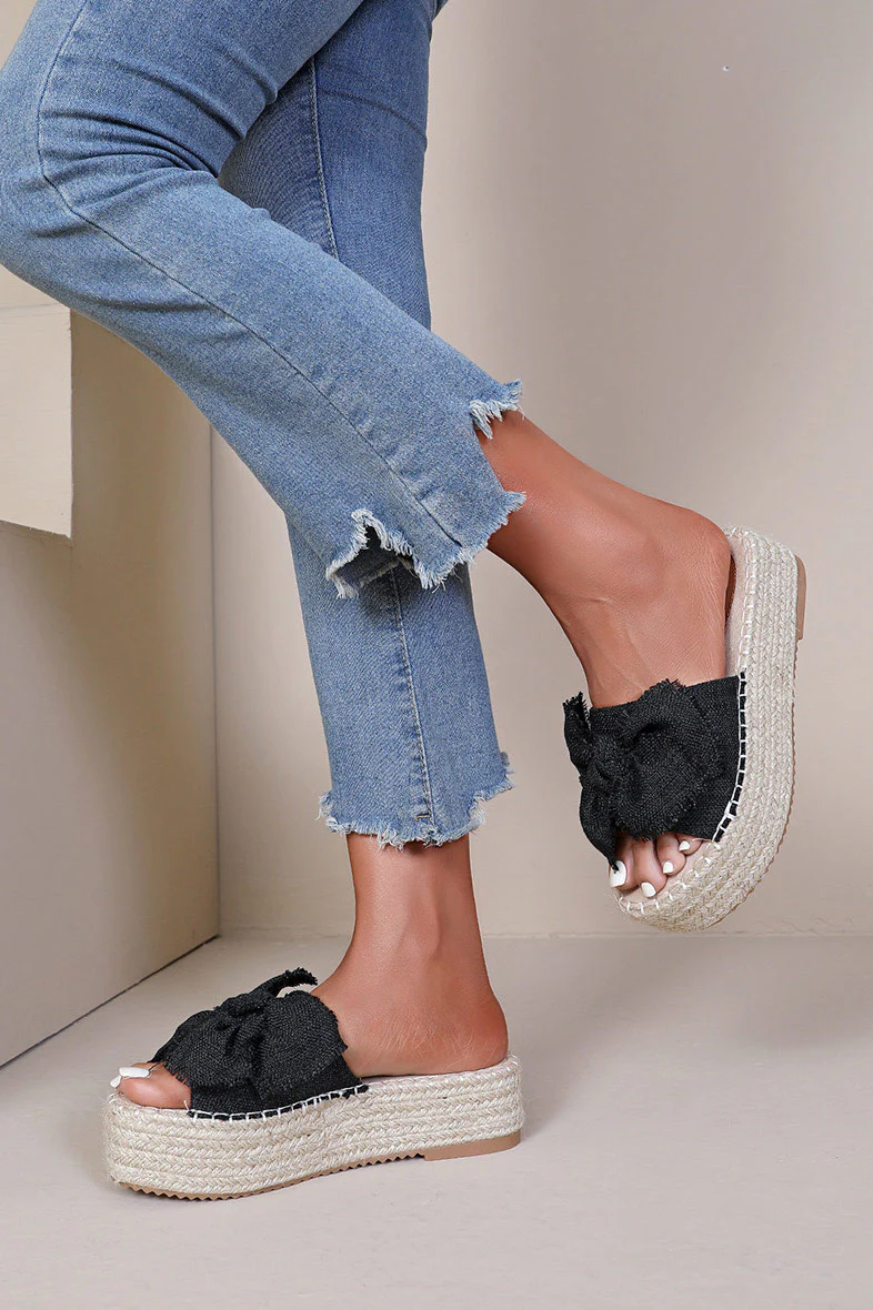 Quinta Black Espadrille Flatform Sliders - Weharma