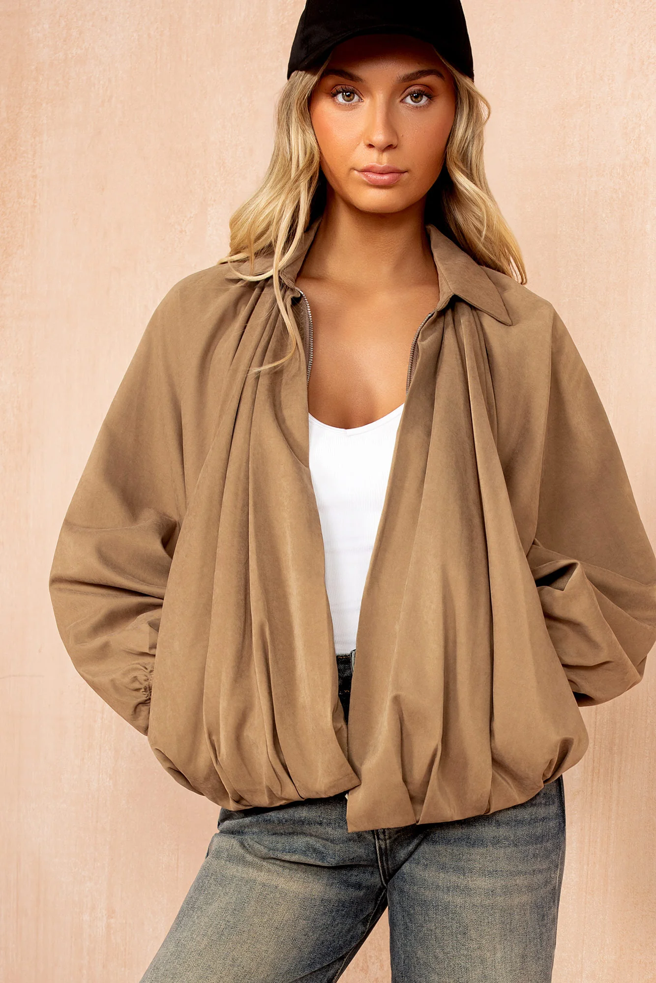 Alexa Camel Oversized Bomber Jacket - Weharma