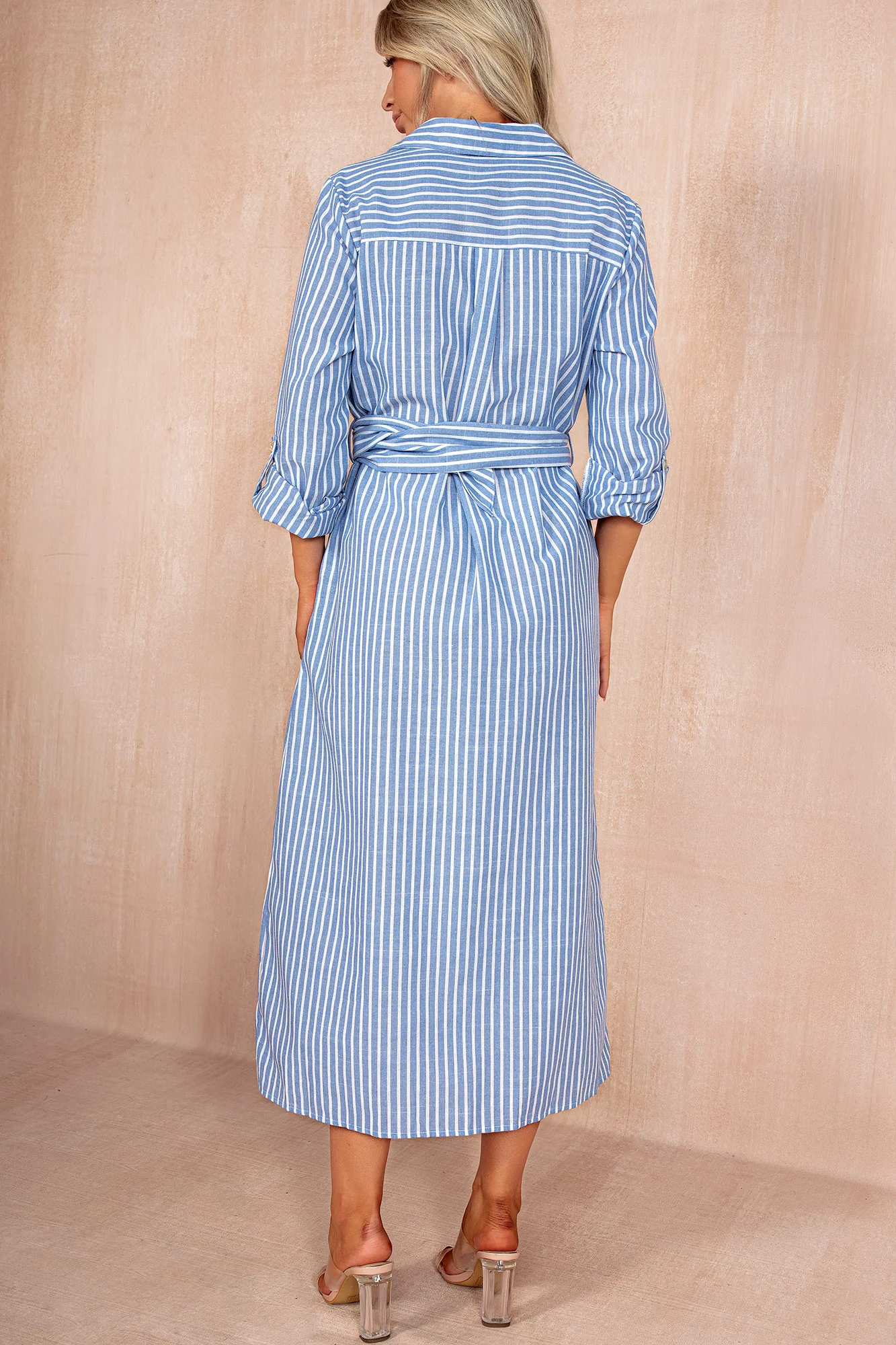 Keeva Blue Stripe Belted Shirt Dress - Weharma