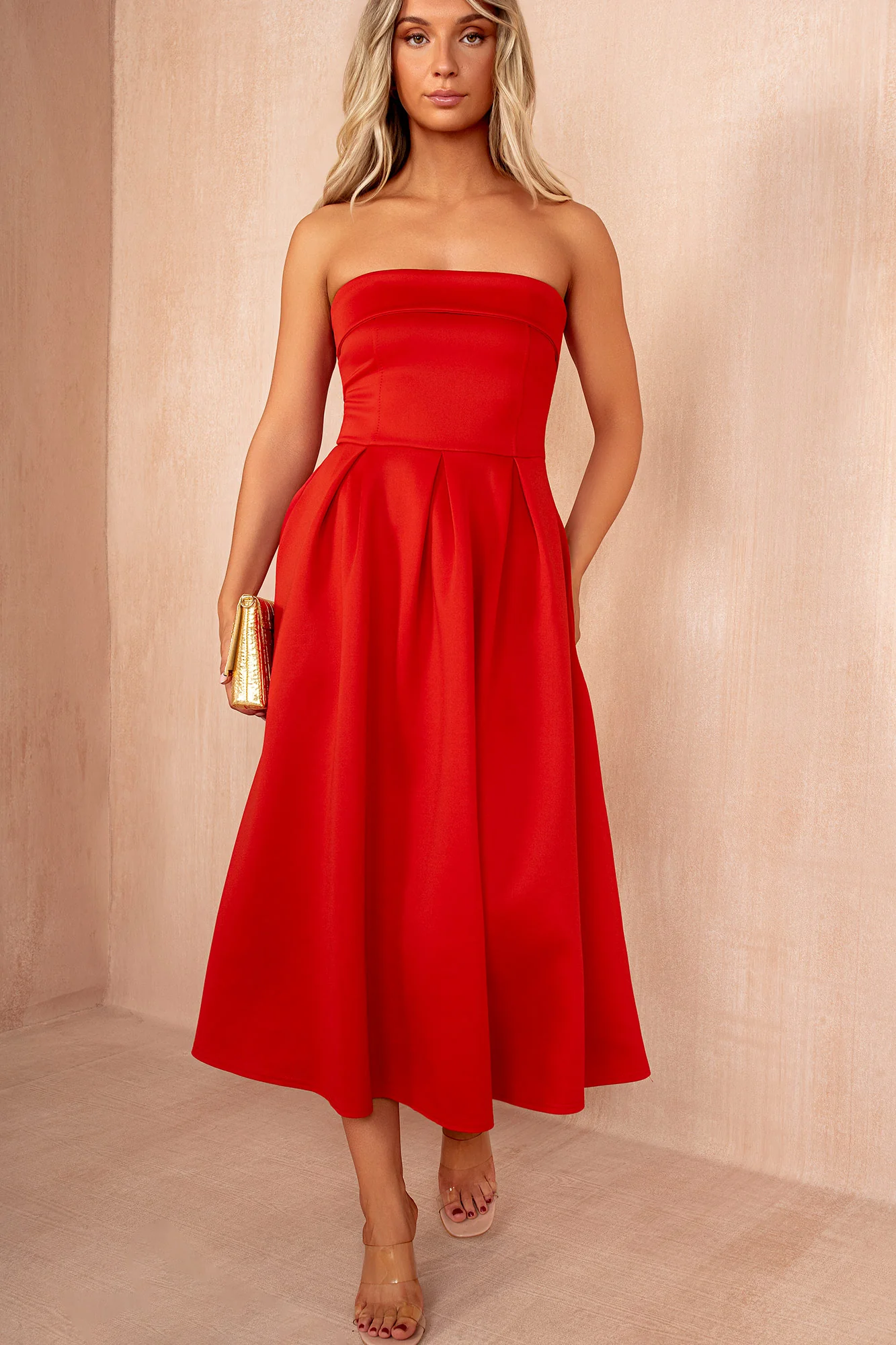 Danni Red Bandeau Pleated Midi Dress - Weharma