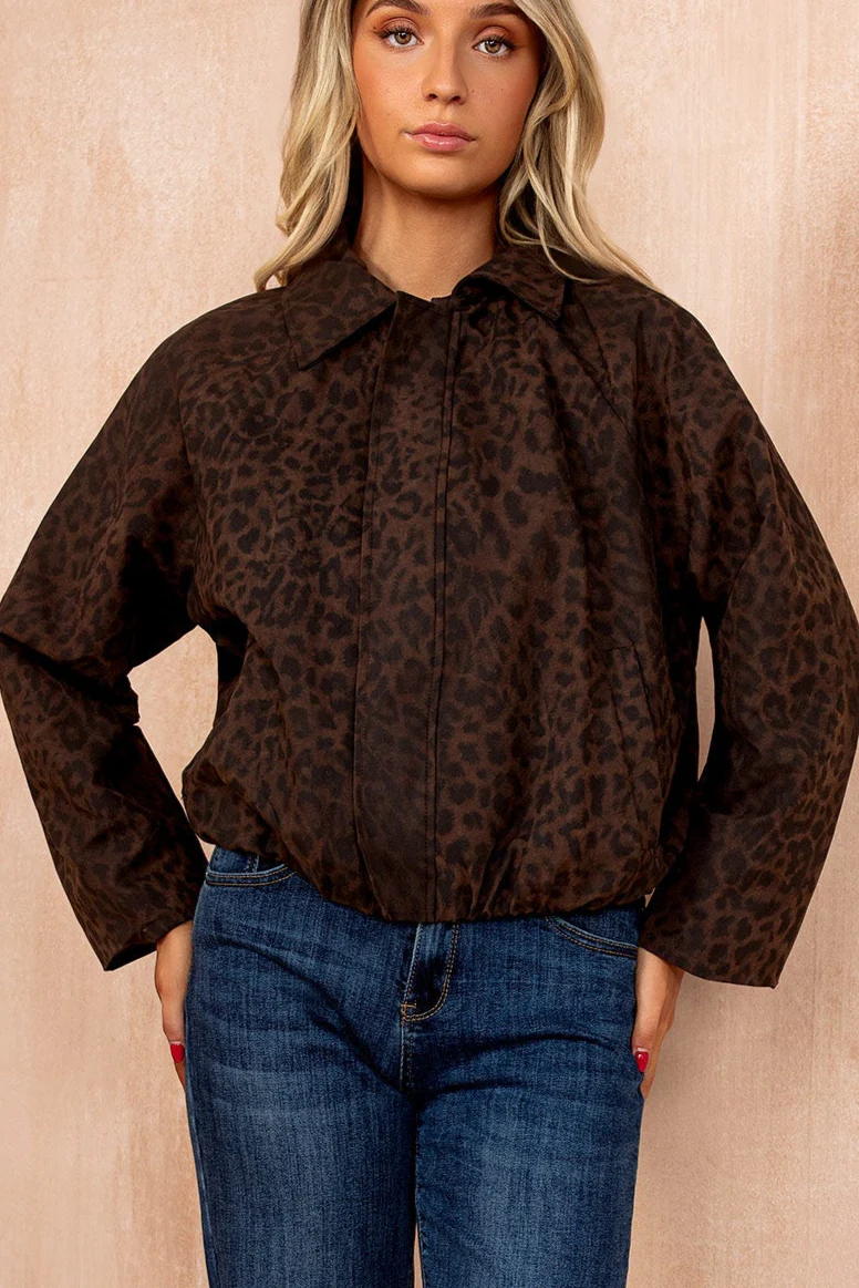 Agnes Leopard Print Bubble Hem Bomber Jacket - Weharma