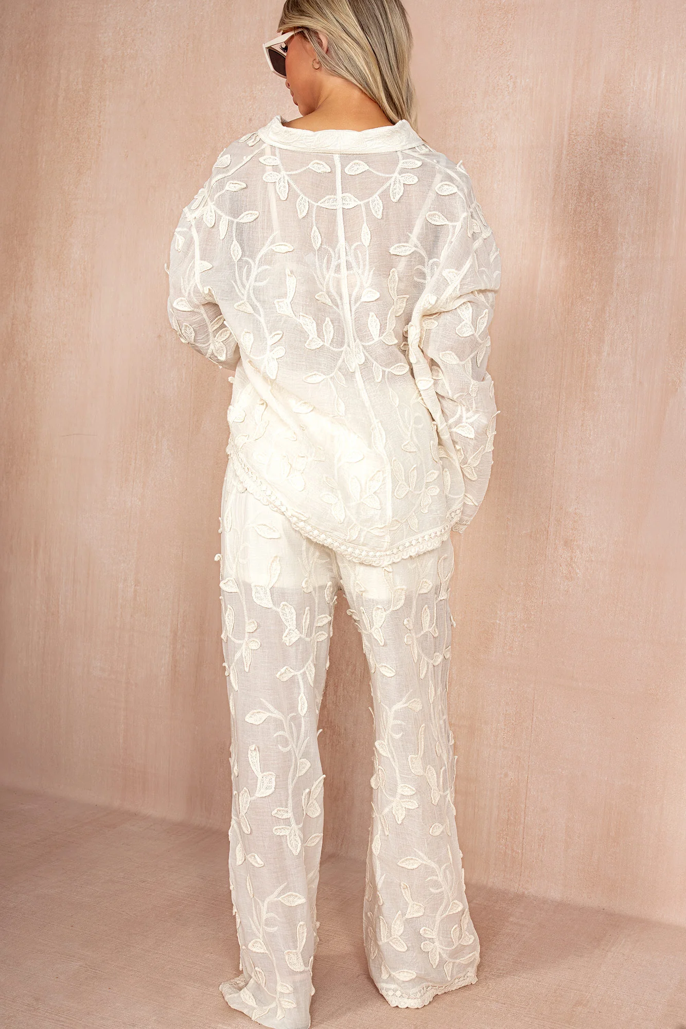 Amanda Cream Embroidered Wide Leg Trousers - Weharma