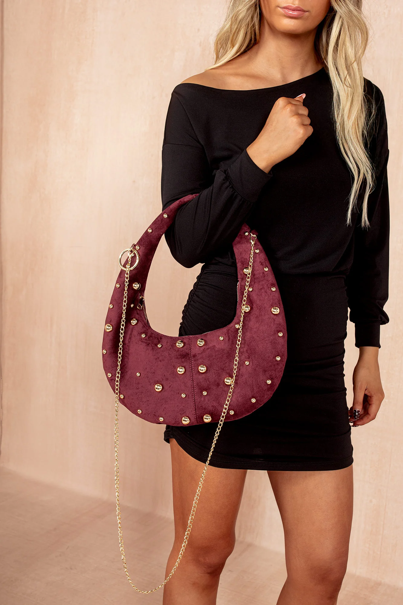 Spencer Cherry Red Faux Suede Studded Grab Bag - Weharma