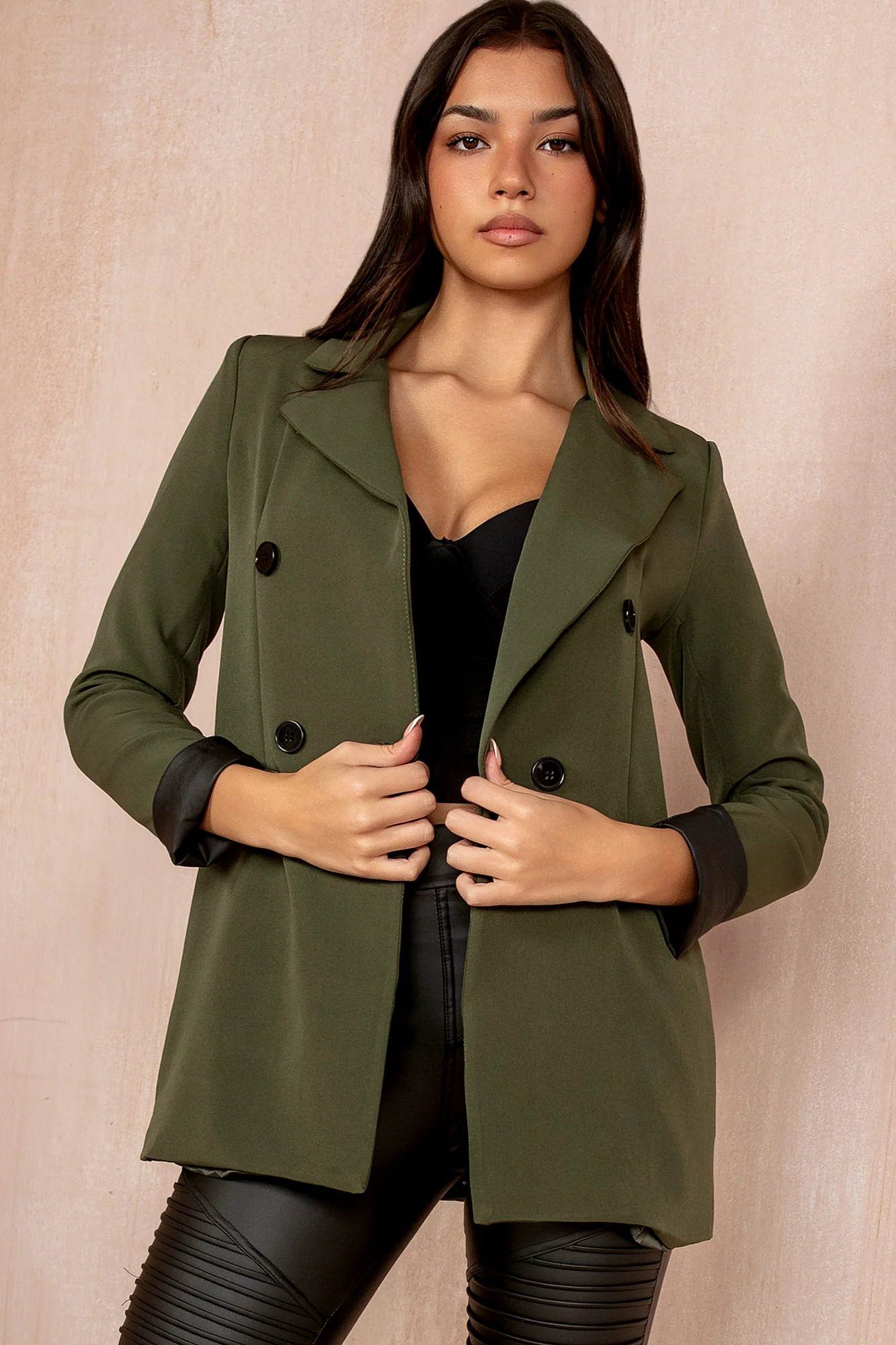 Bridgy Khaki Leather Cuff Blazer - Weharma