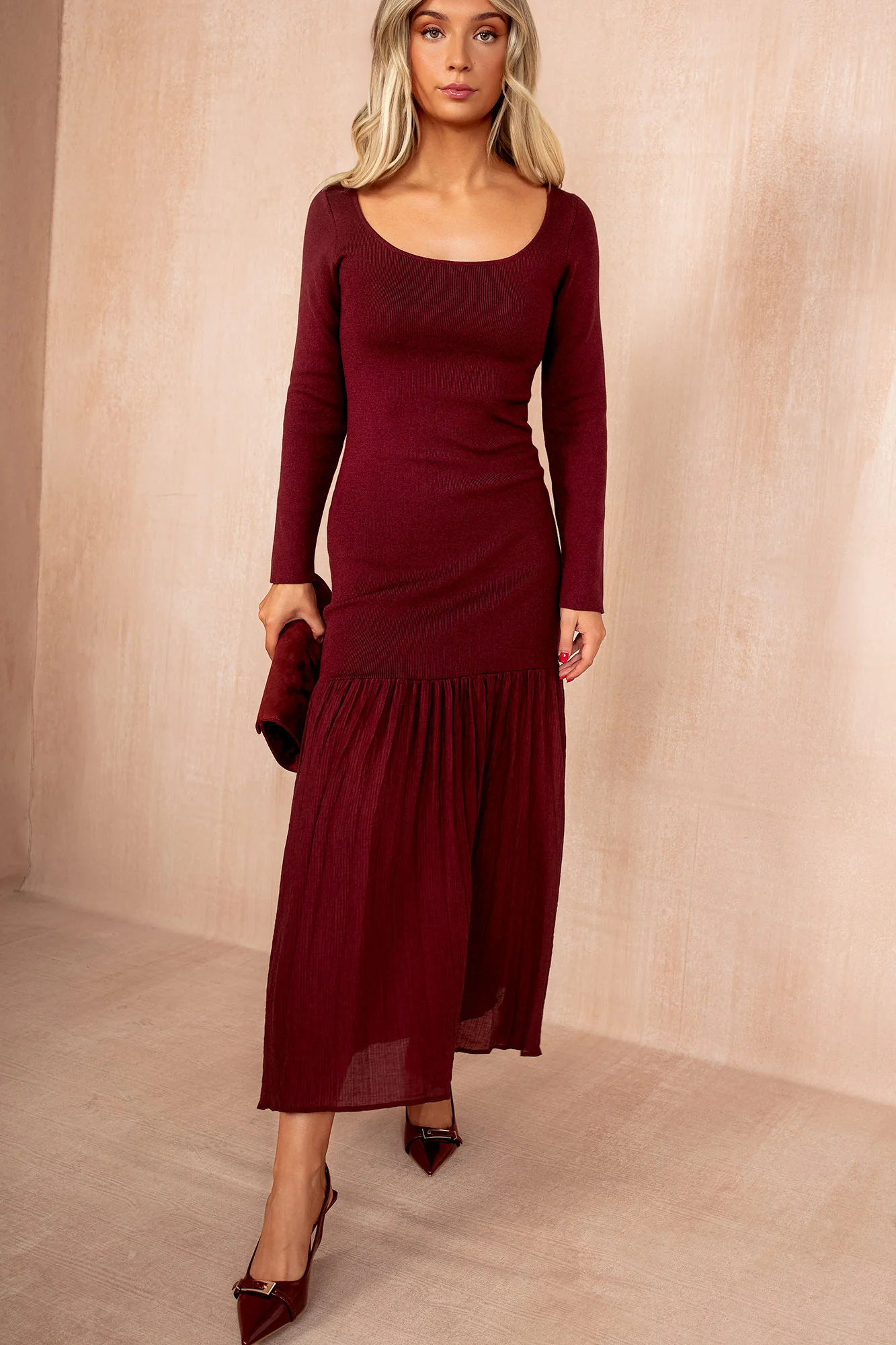 Mariah Burgundy Knit Chiffon Hem Maxi Dress - Weharma