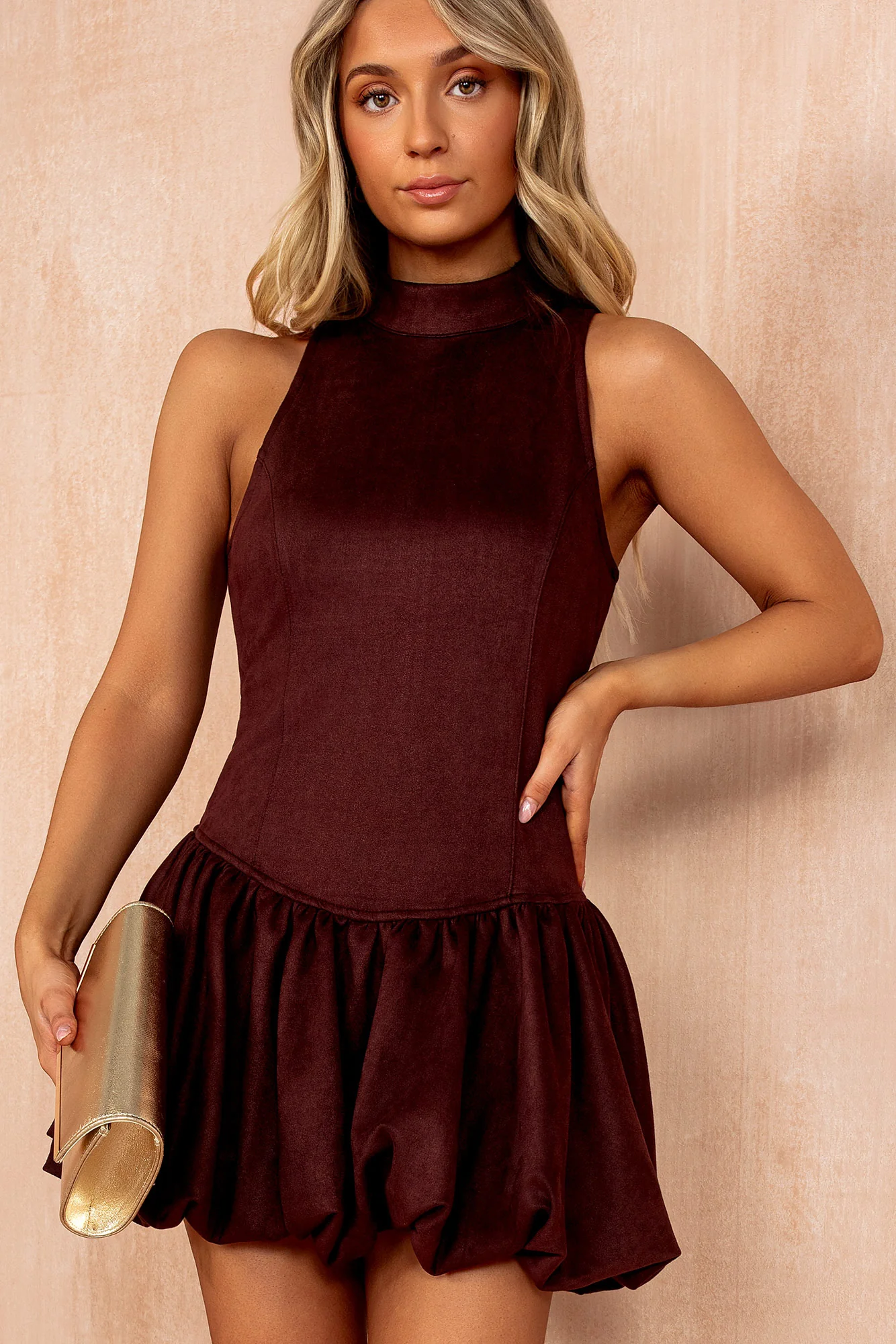 Riona Burgundy Faux Suede Puffball Dress - Weharma