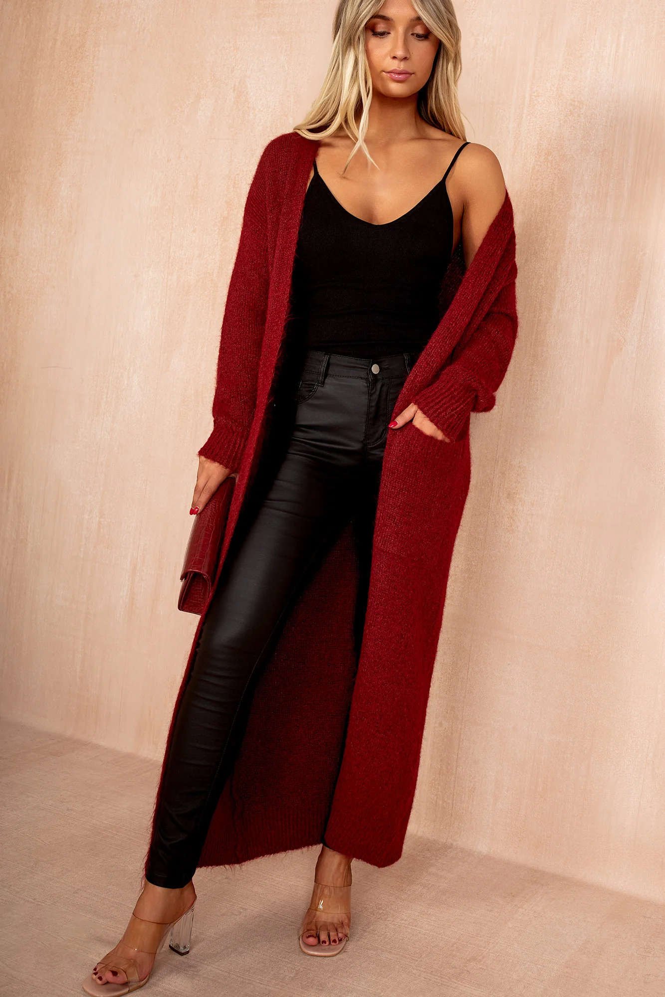 Arya Wine Hairy Knit Long Cardigan - Weharma