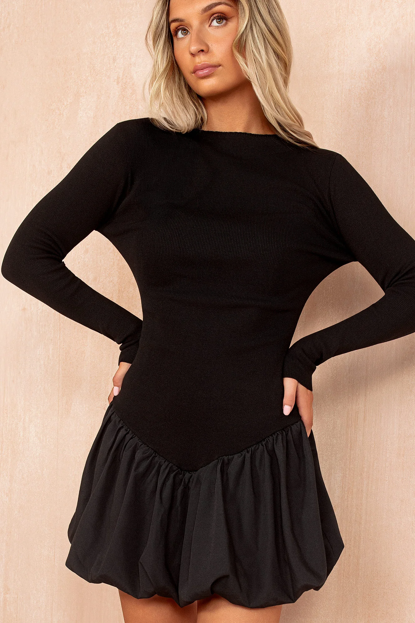 Kaliyah Black Rib Knit Puffball Dress - Weharma