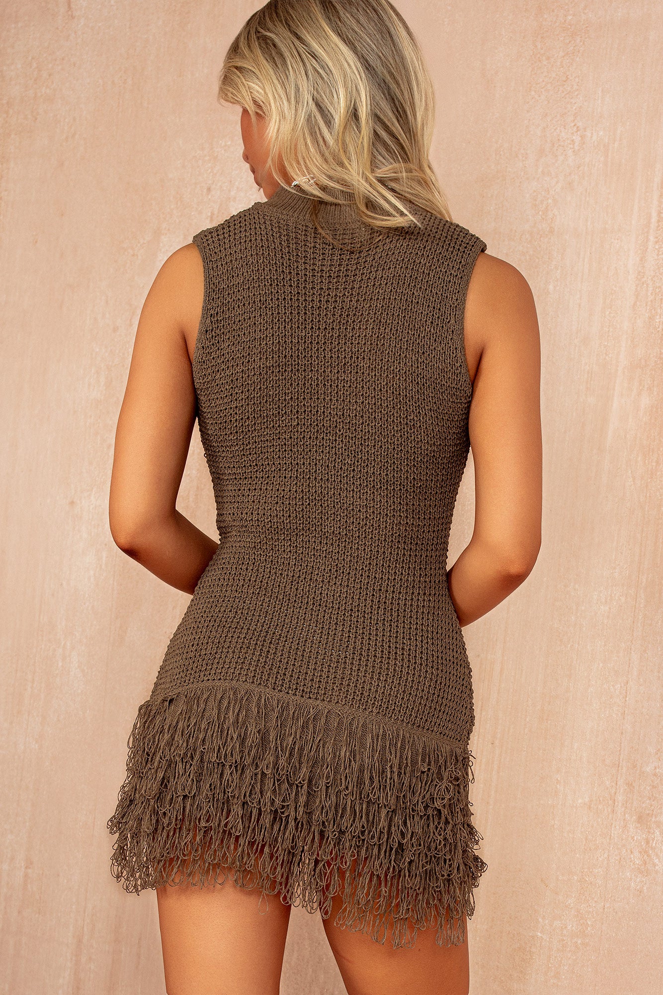 Nicole Khaki Knit Sleeveless Tassel Dress - Weharma