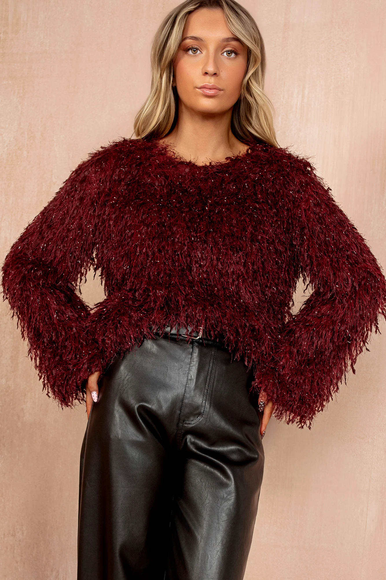 Zuri Burgundy Faux Feather Sparkle Top - Weharma
