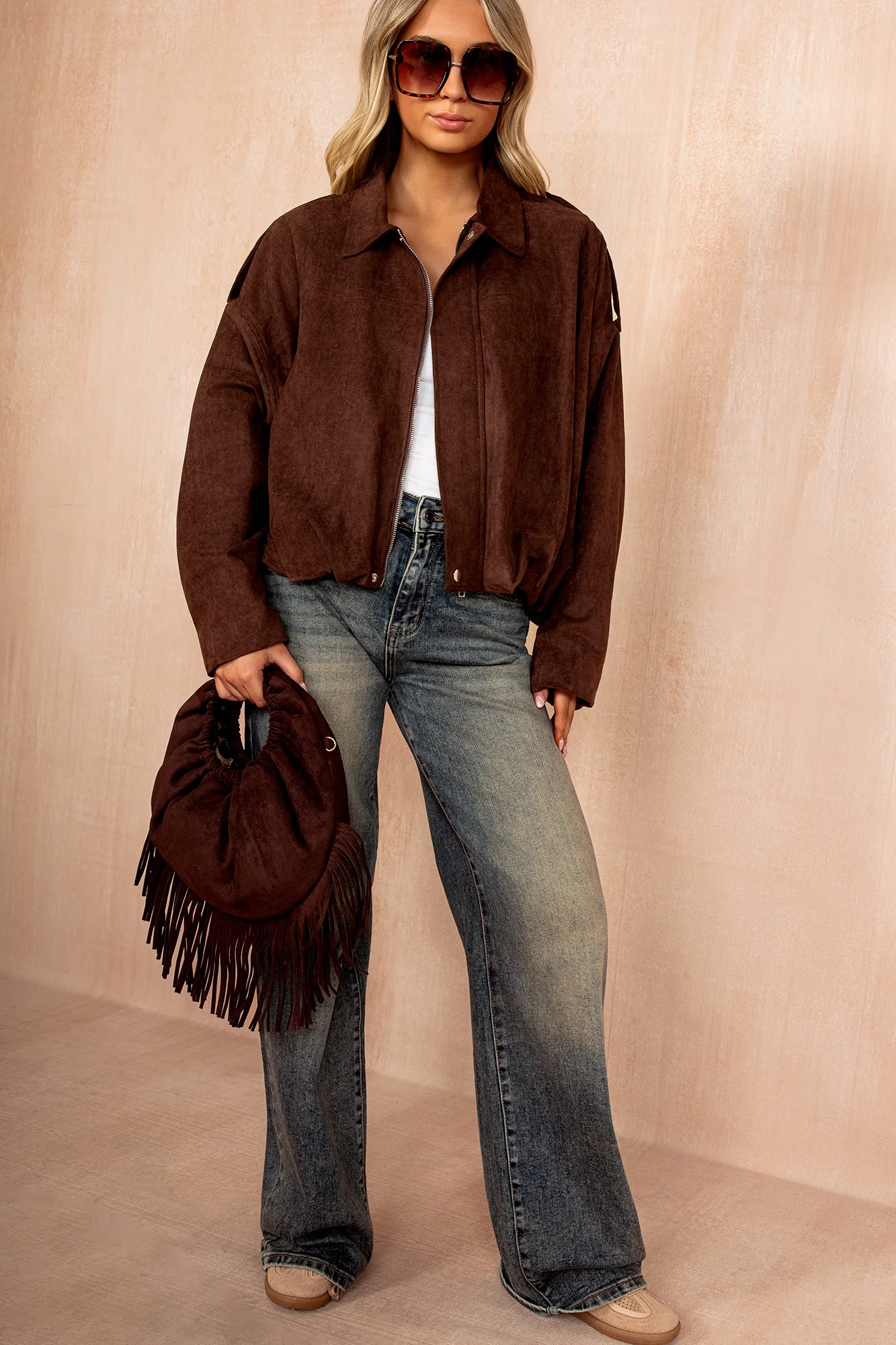 Elma Chocolate Faux Suede Bomber Jacket - Weharma