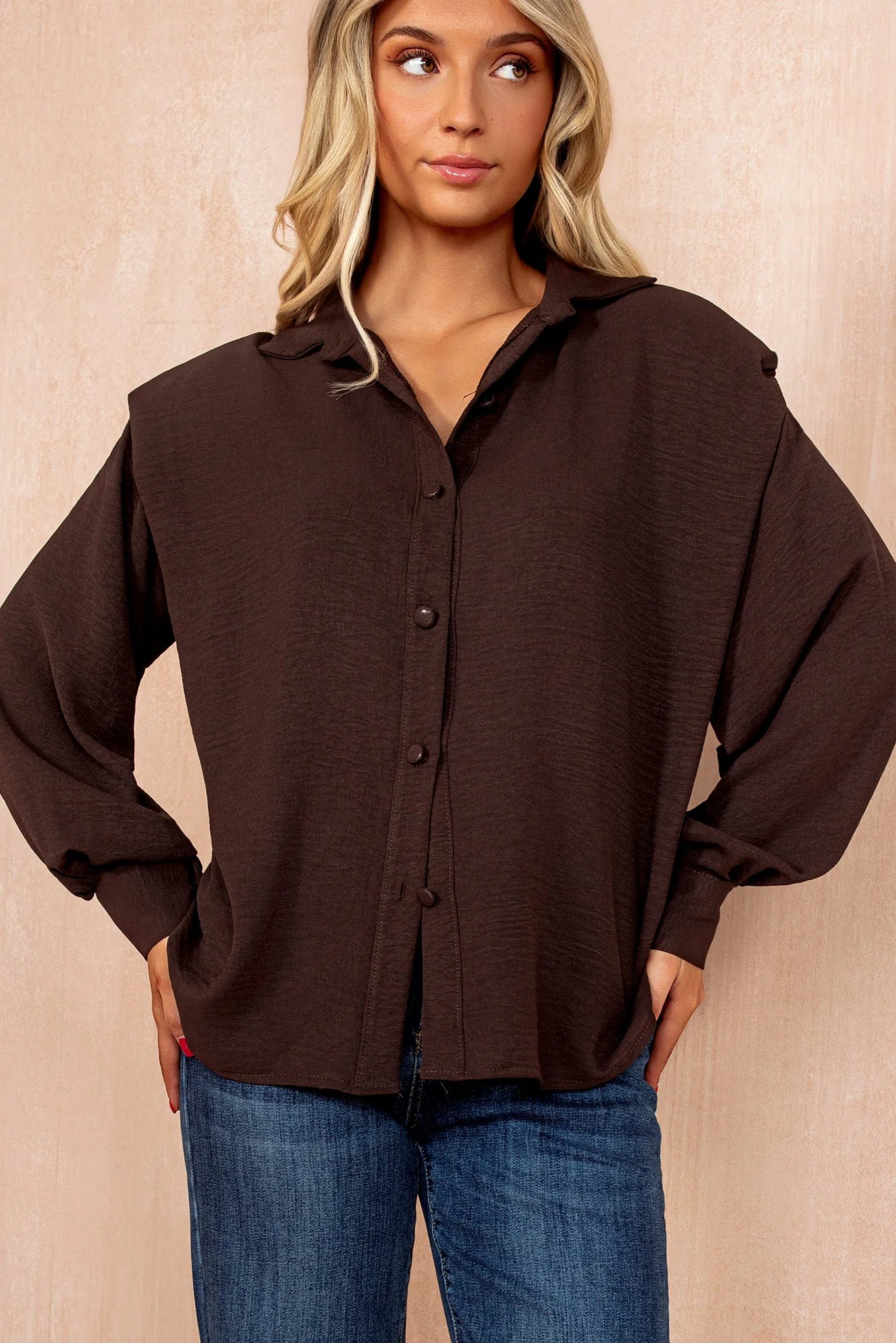 Glenda Chocolate Shoulder Pad Oversized Shirt - Weharma