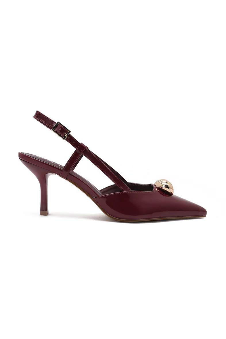 Julia Burgundy Patent Gold Detail Slingback Heels - Weharma
