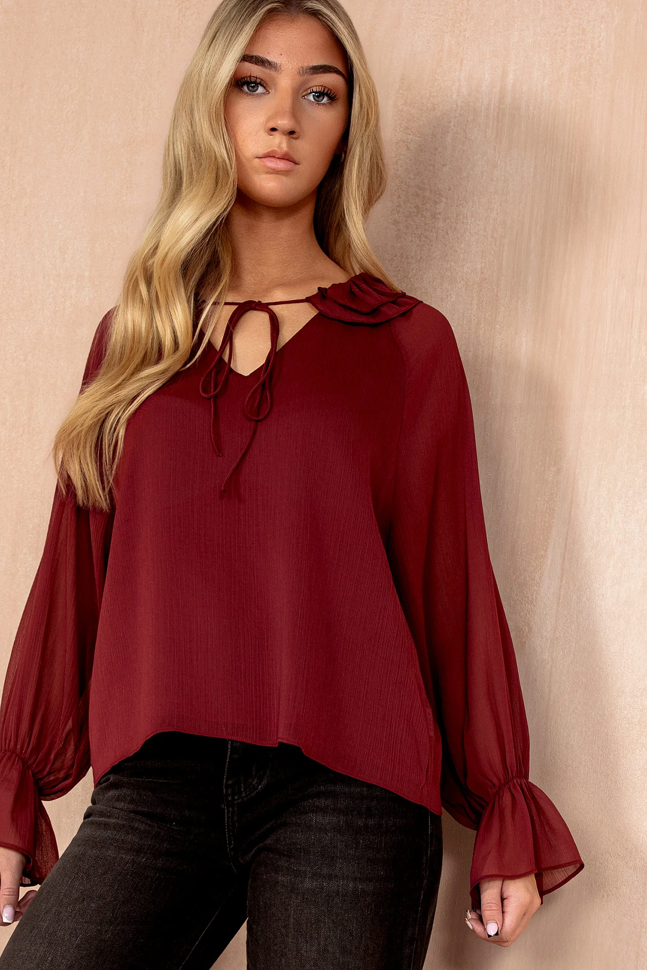 Violette Burgundy Chiffon Frill Blouse - Weharma