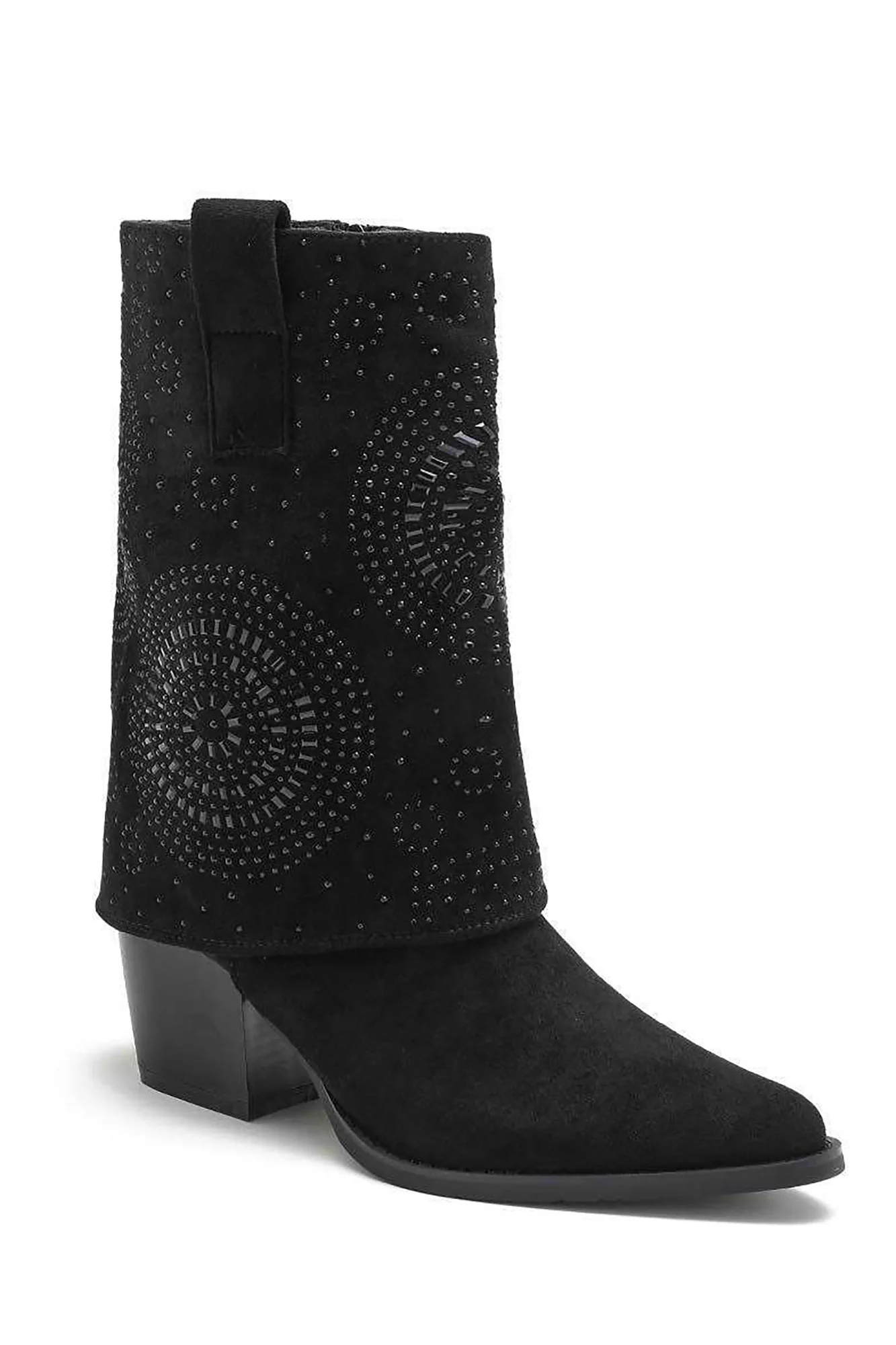 Lola Black Suedette Diamante Foldover Boots - Weharma