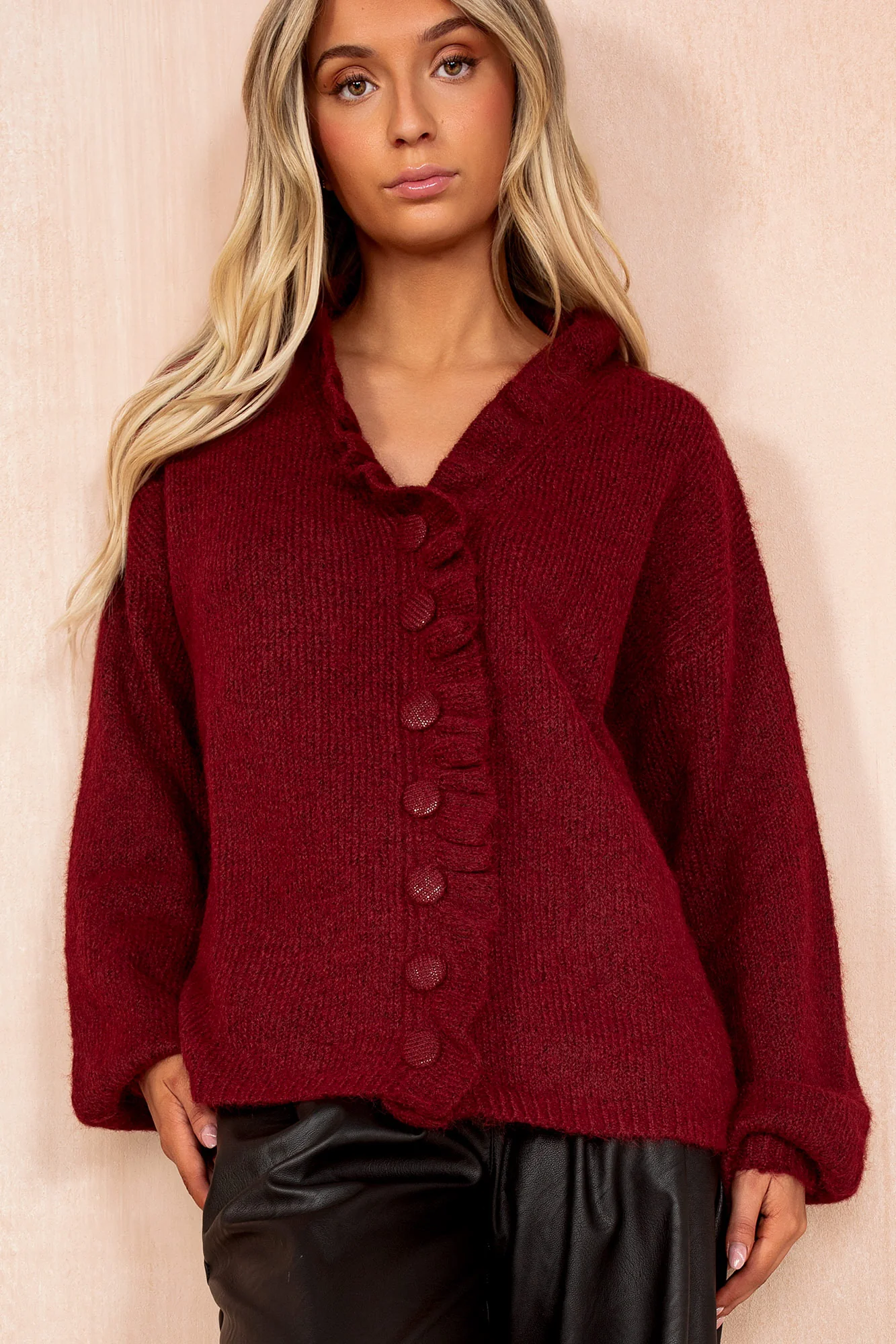 Mahira Wine Knit Frill Cardigan - Weharma
