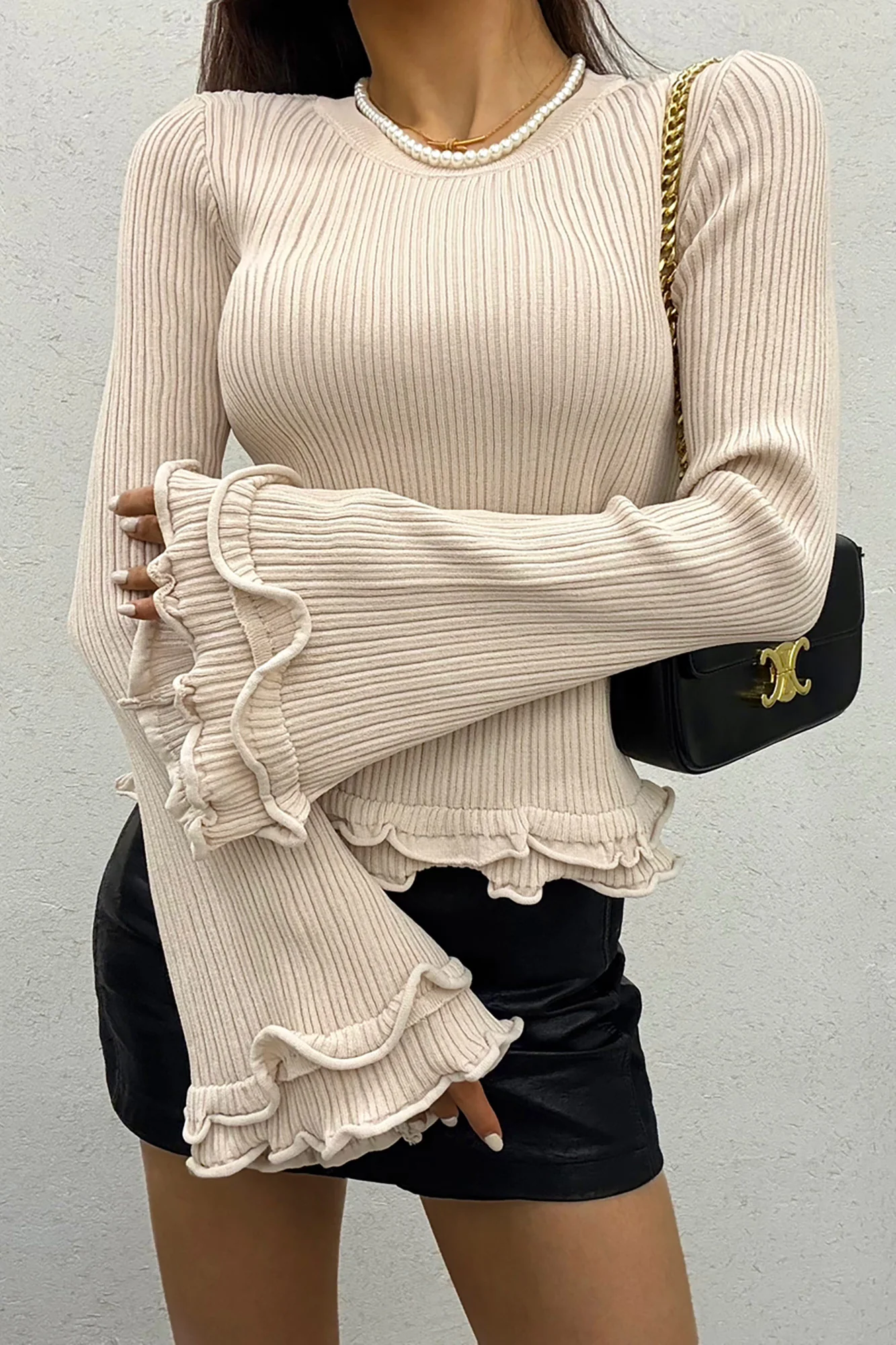 Vaeda Stone Ribbed Knit Frill Top - Weharma