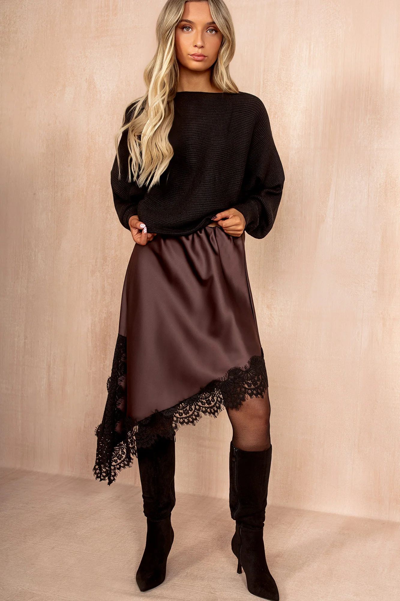 Imani Chocolate Satin Lace Asymmetric Skirt - Weharma