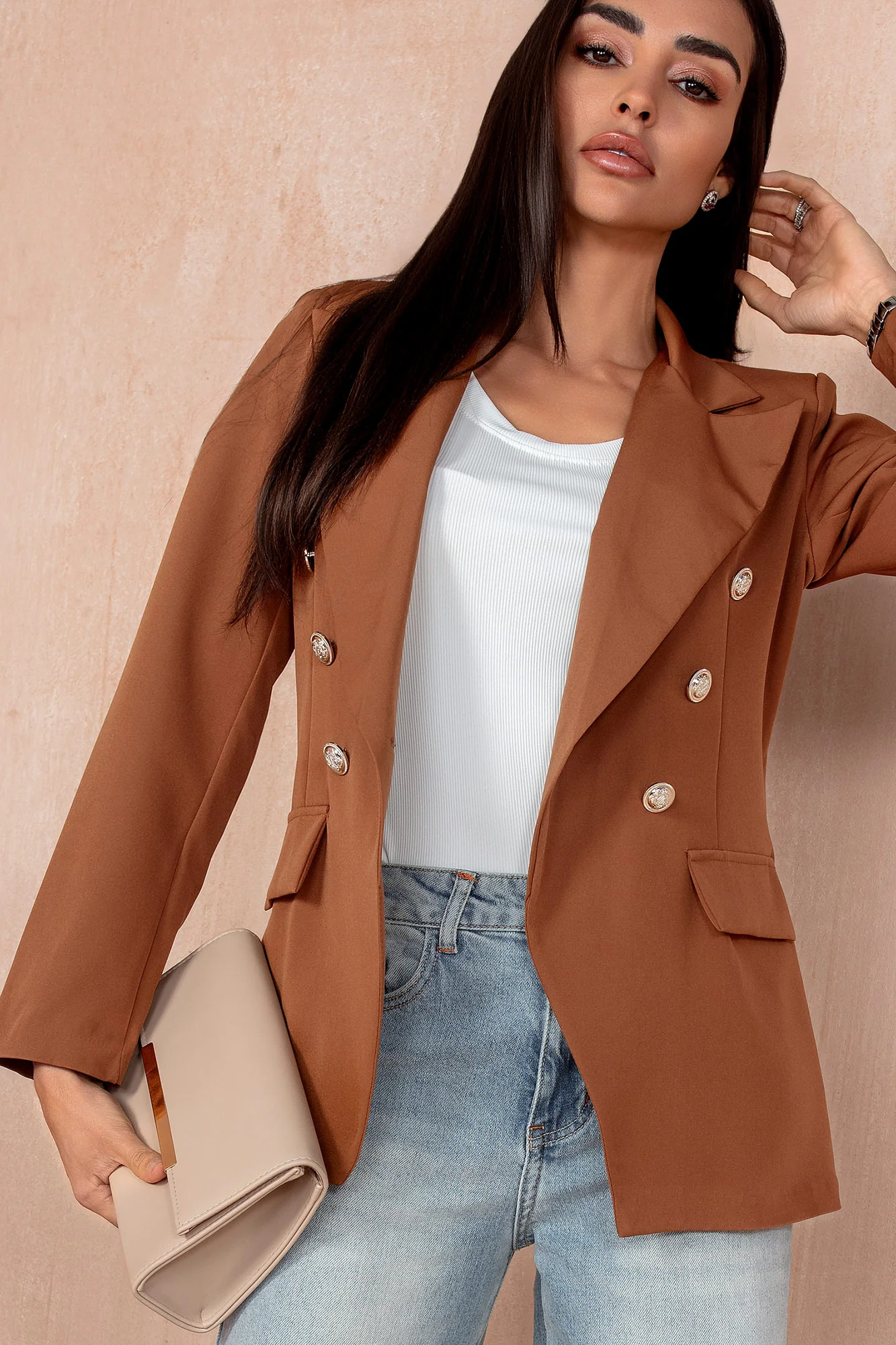 Haddie Tan Button Detail Blazer - Weharma