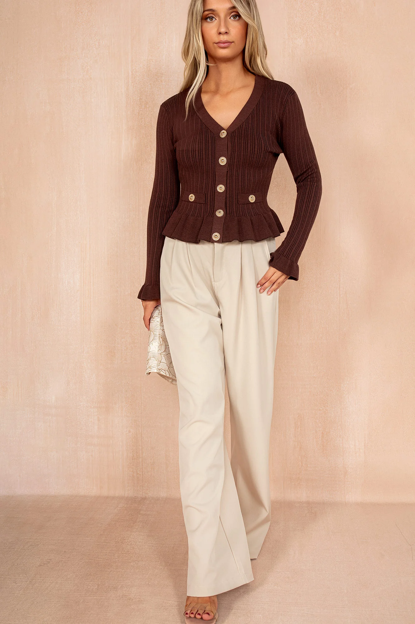 Emerson Chocolate Ribbed Knit Frill Top - Weharma