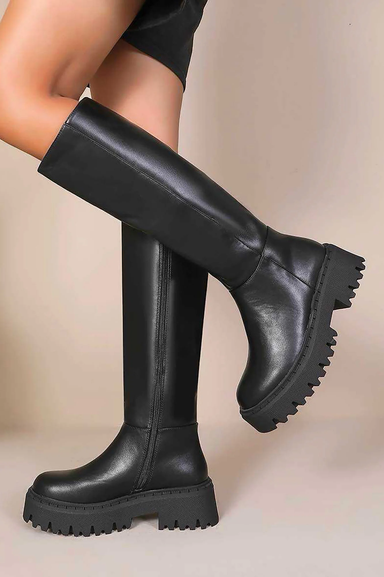 Camilla Black Faux Leather Chunky Knee High Boots - Weharma
