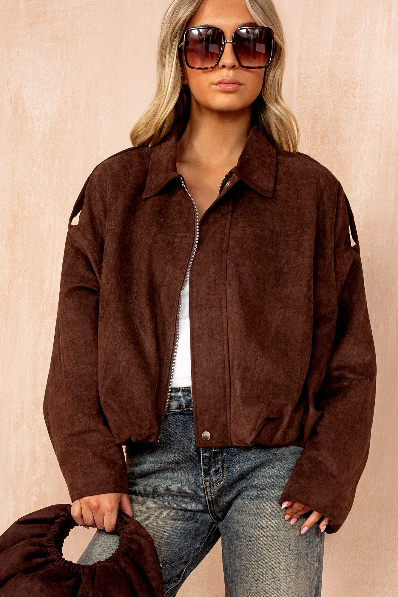 Elma Chocolate Faux Suede Bomber Jacket - Weharma