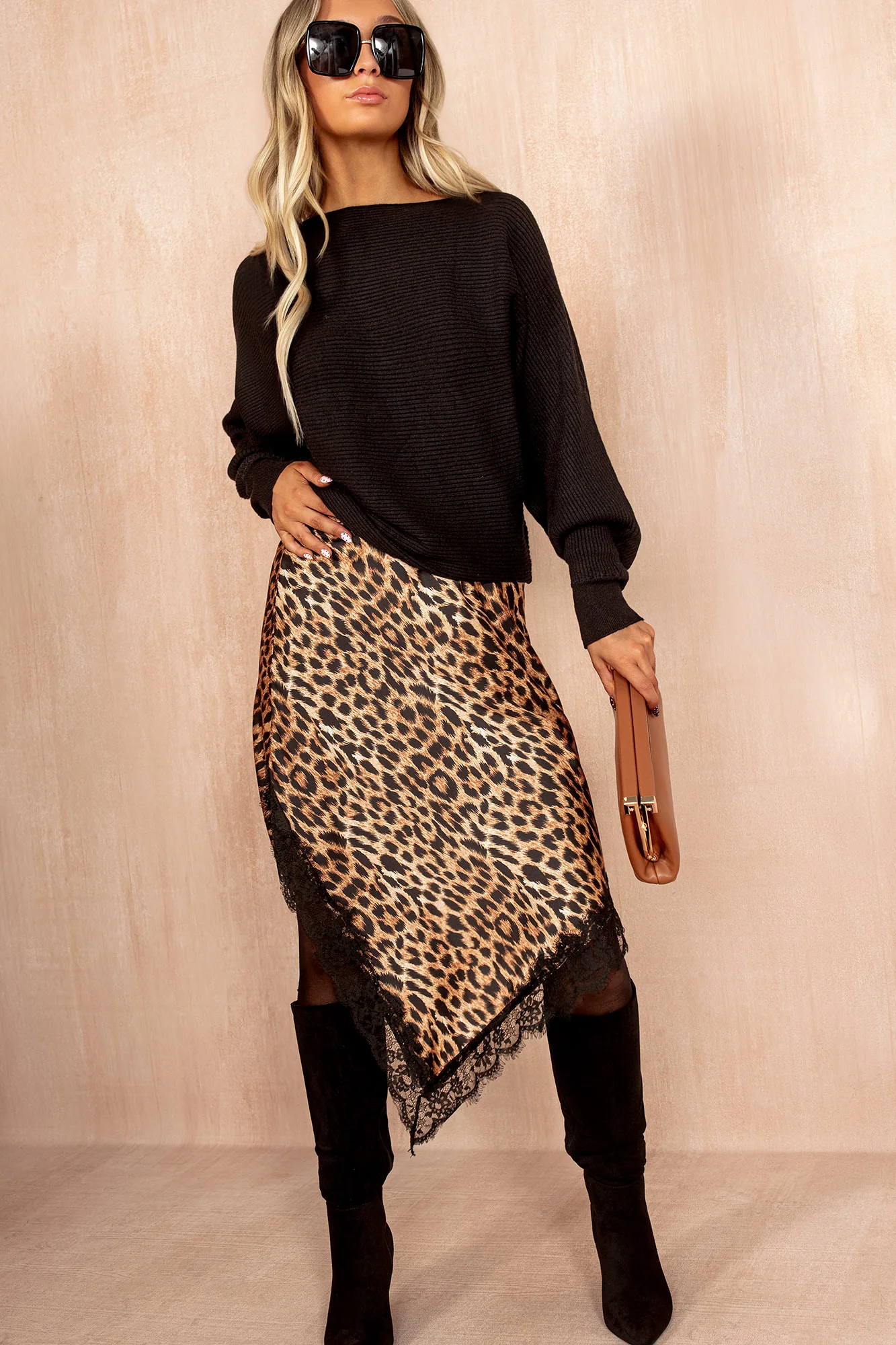 Destiny Leopard Print Satin Lace Asymmetric Skirt - Weharma
