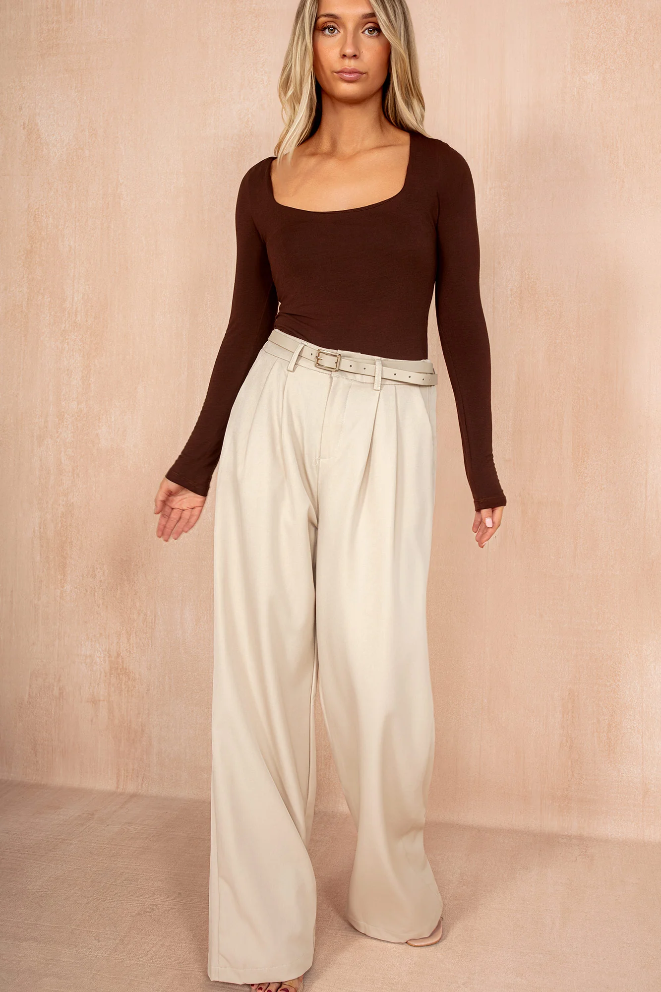 Nadine Stone Belted Wide Leg Trousers - Weharma