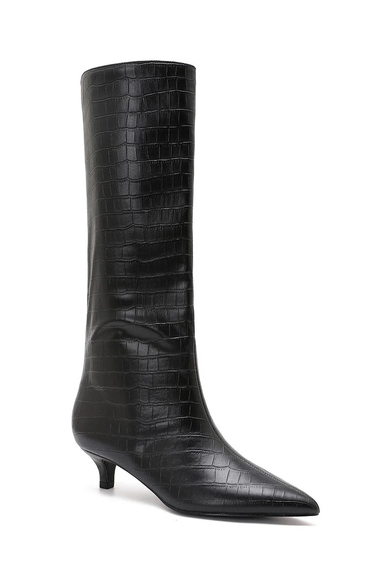 Hailey Black Croc Knee High Boots - Weharma
