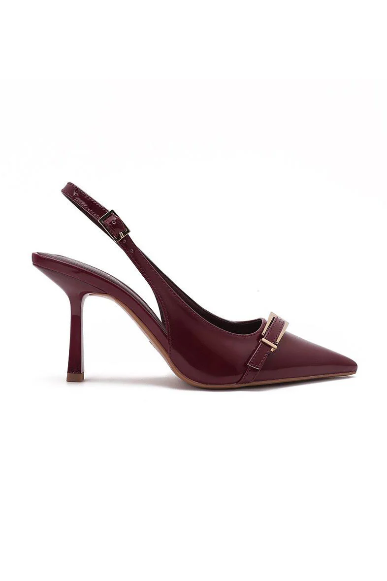 Quill Burgundy Patent Buckle Slingback Heels - Weharma